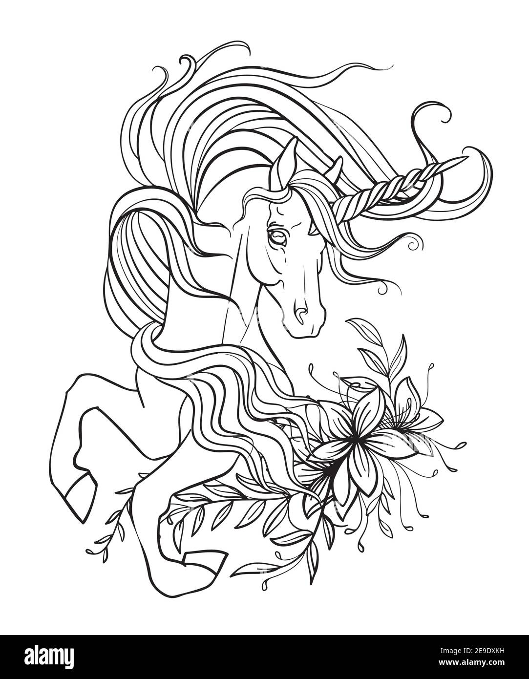 Belle licorne avec une longue minière et des fleurs. Illustration de contour noir et blanc vectoriel pour la page de coloriage. Pour la conception de tirages, affiches, poste Illustration de Vecteur