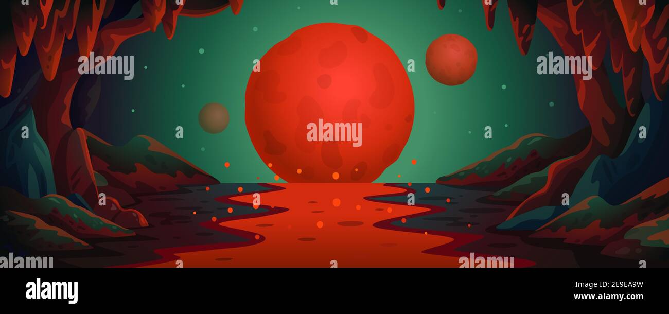Mars - fond de dessin animé vectoriel. Paysage de grotte marsienne avec une rivière souterraine de lave et des planètes rouges. Illustration vectorielle de style dessin animé plat Illustration de Vecteur