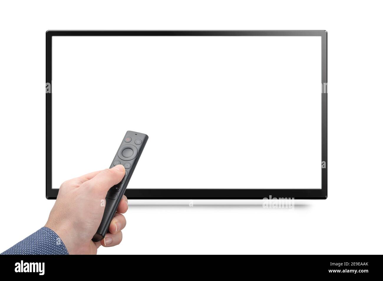 Téléviseur et main Mockup avec télécommande moderne à partir d'un boîtier multimédia en ligne isolé sur fond blanc. Maquette de téléviseur 4k 8k avec télécommande. WHI Banque D'Images