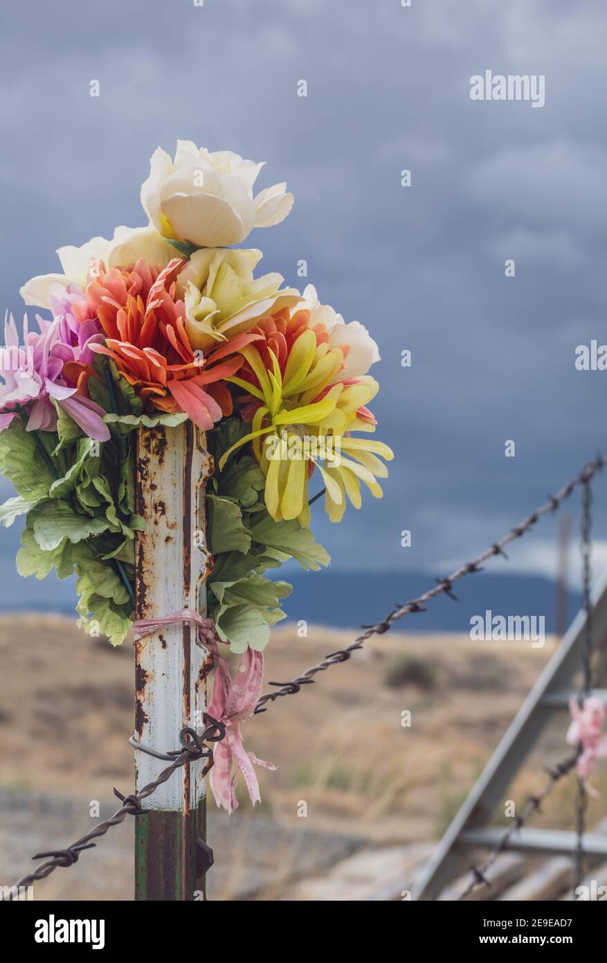 Fleurs commémoratives en bord de route, descanso au Nouveau-Mexique, États-Unis. Banque D'Images