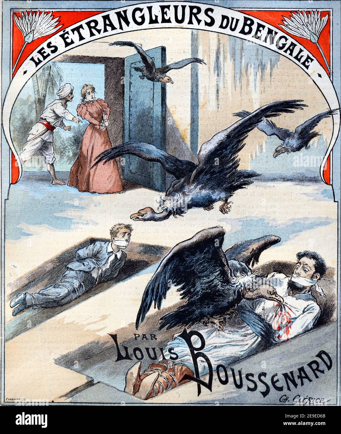 Couverture de l'ancien livre pour le roman The Bengal Stranglers, ou The Stranglers of the Ganges, un roman sur les meurtres et les crimes des voyous indiens ou des gangs de voyous par Louis Boussenard 1898 Vintage Illustrrayion Banque D'Images