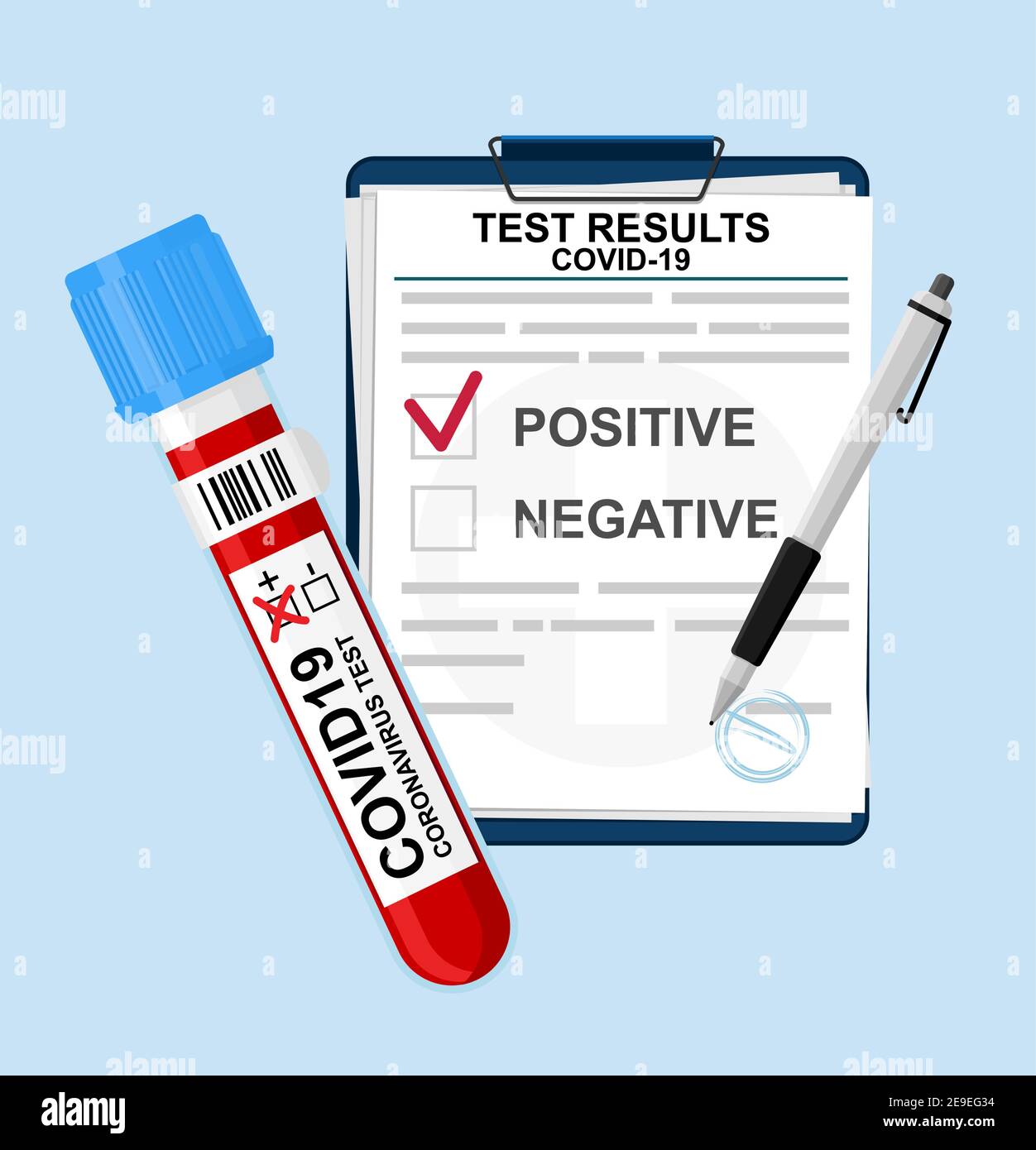 Forme avec les résultats de test pour le coronavirus d'un laboratoire médical. Diagnostic du coronavirus par le sang d'un tube à essai. Résultats du test Covid-19. Illustration de Vecteur