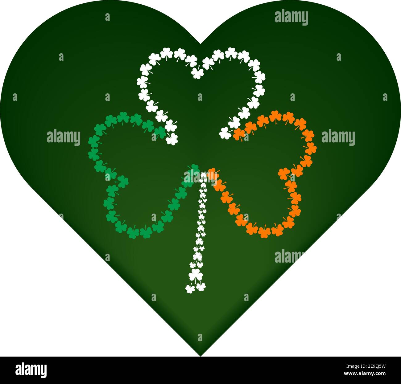 Symbole du jour de Saint-Patrick, cœur vert avec attributs de drapeau irlandais. Illustration de Vecteur