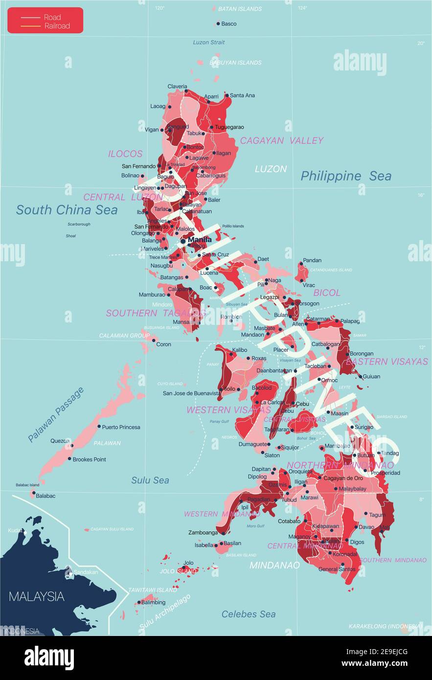 Philippines carte détaillée modifiable avec régions villes, routes et chemins de fer, sites géographiques. Fichier vectoriel EPS-10 Illustration de Vecteur