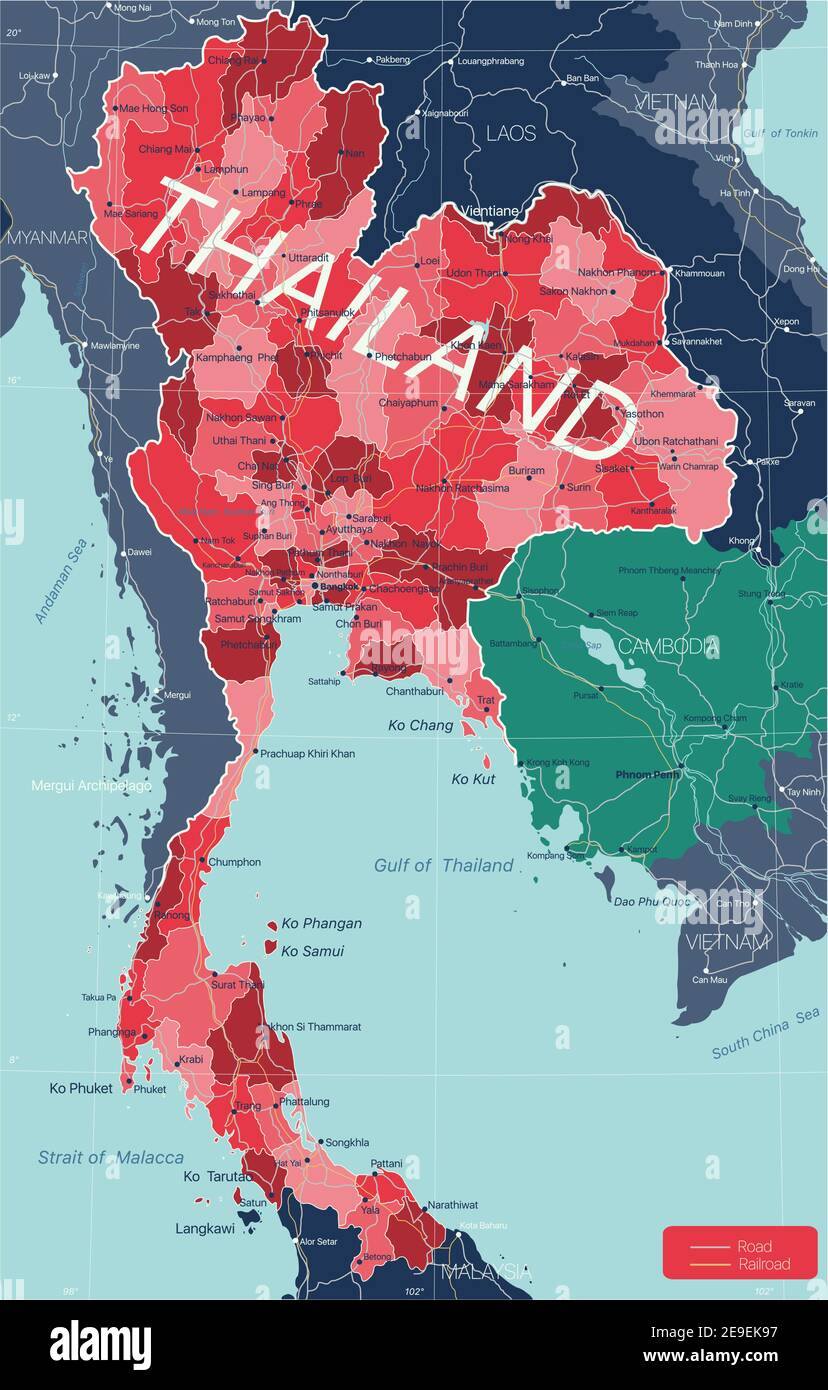 Thaïlande carte détaillée modifiable avec régions villes, routes et chemins de fer, sites géographiques. Fichier vectoriel EPS-10 Illustration de Vecteur