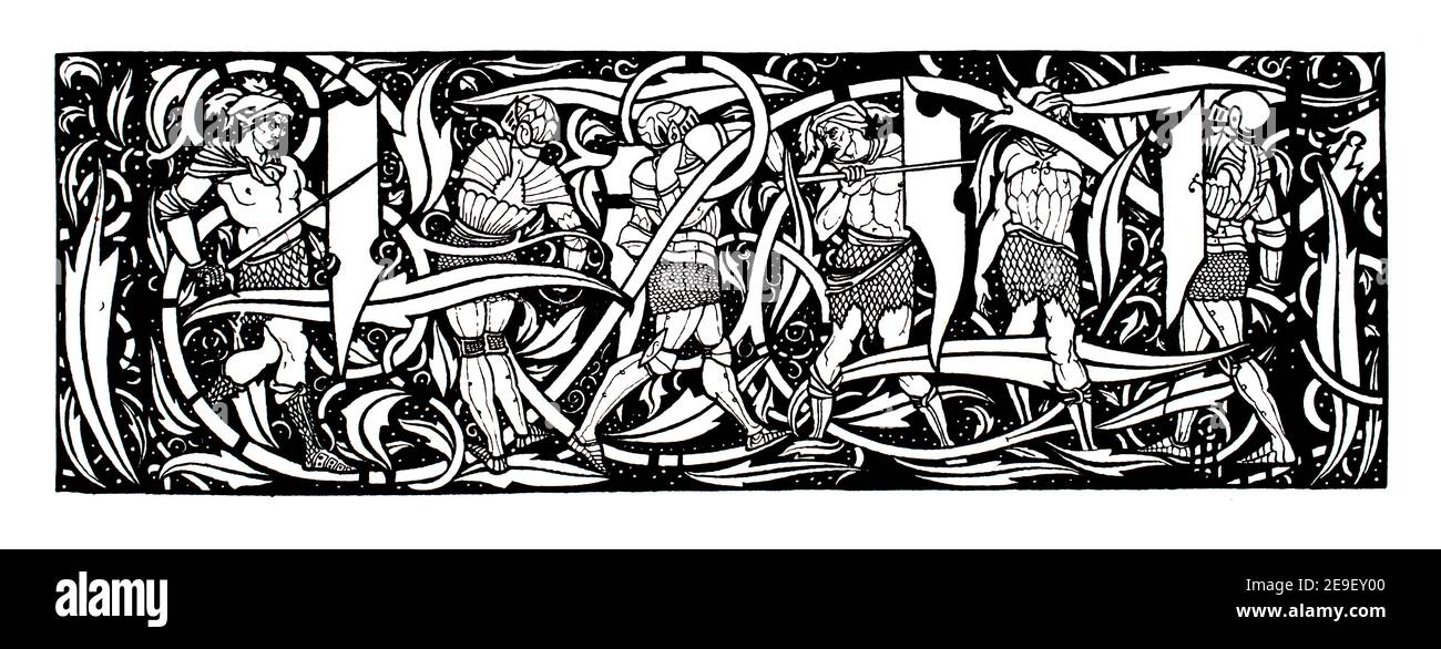 Frise design, de Dent & Co’s 1892 Morte d’Arthur de Thomas Malory, dessin de ligne iby Aubrey Beardsley du 1893 Volume 1, The Studio an Illustrated Mag Banque D'Images