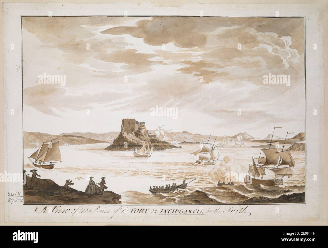 Une vue sur les ruines du FORT sur INCH=GARVIE dans le Forth. Auteur Elphinstone, John 49.87.2.a. Date de publication: [Vers 1740-1750] Type d'article: 1 dessin Moyen: Stylo et encre noire avec lavage monochrome Dimensions: Feuille 23.4 x 34.3 cm ancien propriétaire: George III, roi de Grande-Bretagne, 1738-1820 Banque D'Images