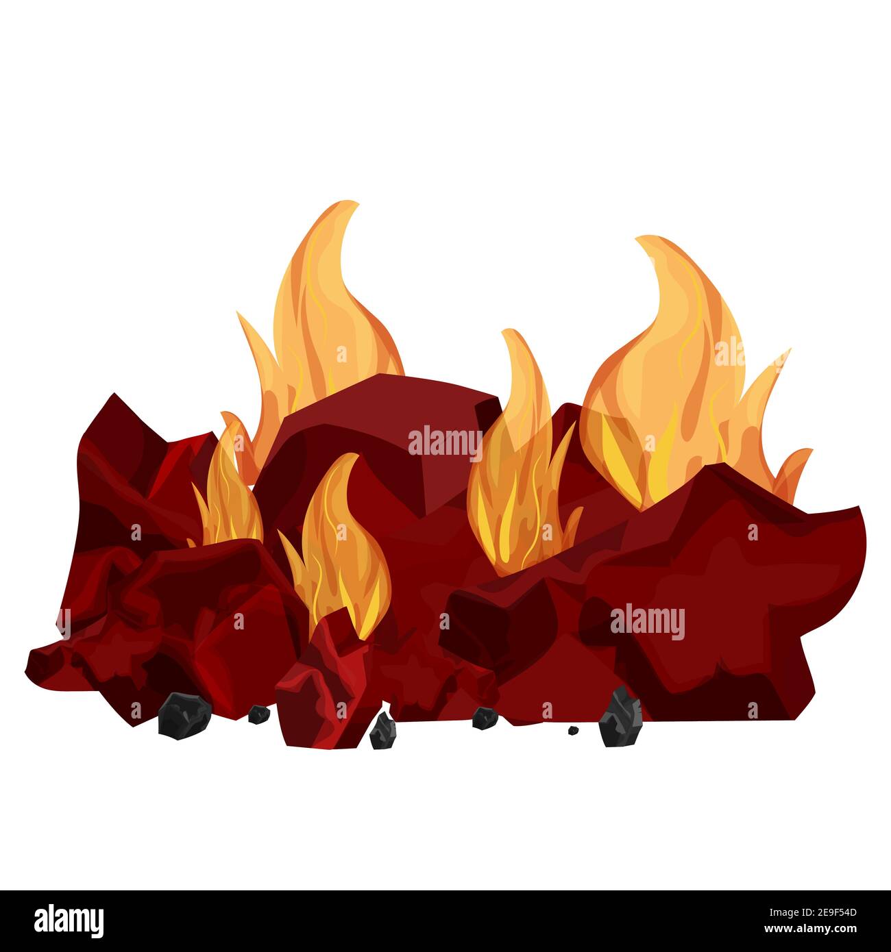 Pile de charbon, charbon brûlant dans la flamme isolée sur fond blanc. Feu de joie lumineux et détaillé dans un style de dessin animé, un clipart ou un élément de design. Barbecue, Illustration de Vecteur