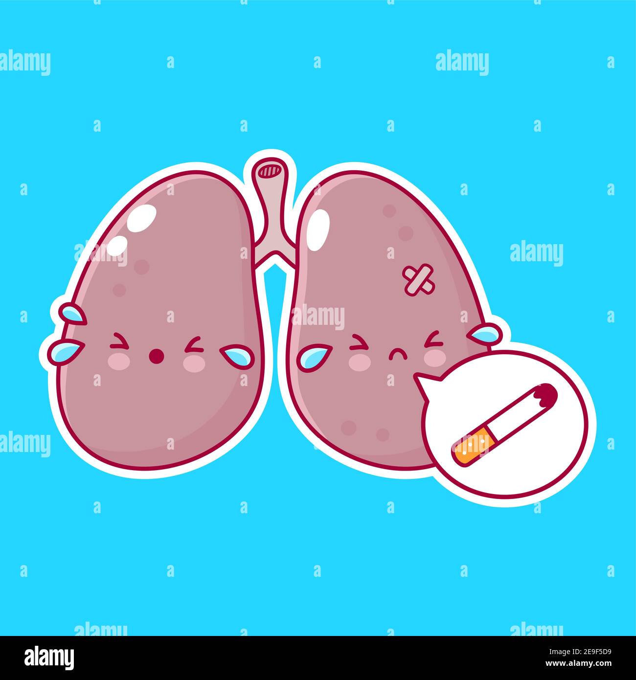 Mignon malade malsain pleurer triste humain poumons organe caractère avec cigarette dans la bulle de parole. Icône d'illustration de personnage de dessin animé kawaii à lignes planes vectorielles. Notion de caractère d'organe de poumons Illustration de Vecteur