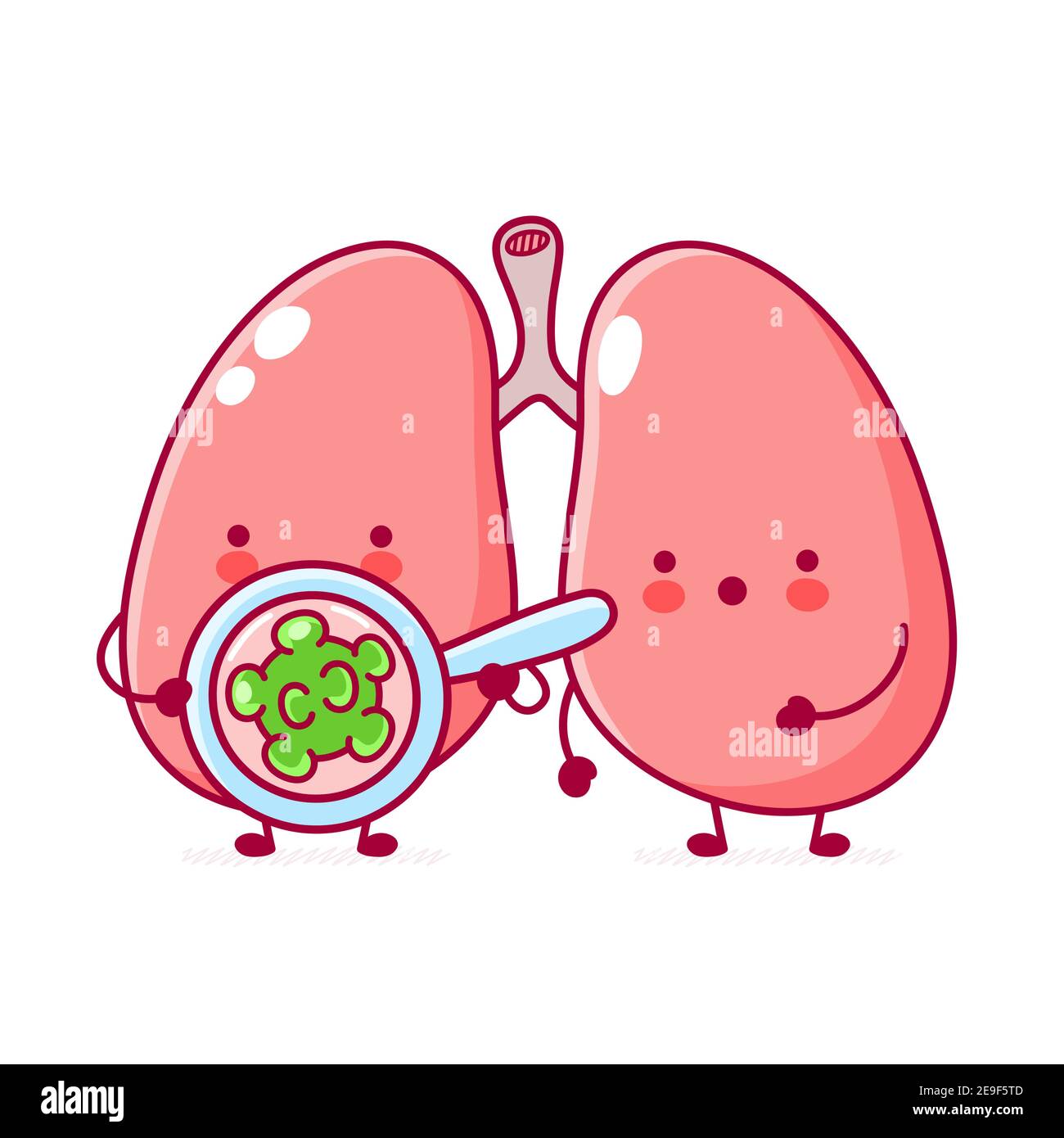 Mignon poumon humain caractère d'organe regardez les bactéries dans la loupe. Icône d'illustration de personnage de dessin animé kawaii à lignes planes vectorielles. Isolé sur fond blanc. Poumons organe, corona virus caractère concept Illustration de Vecteur