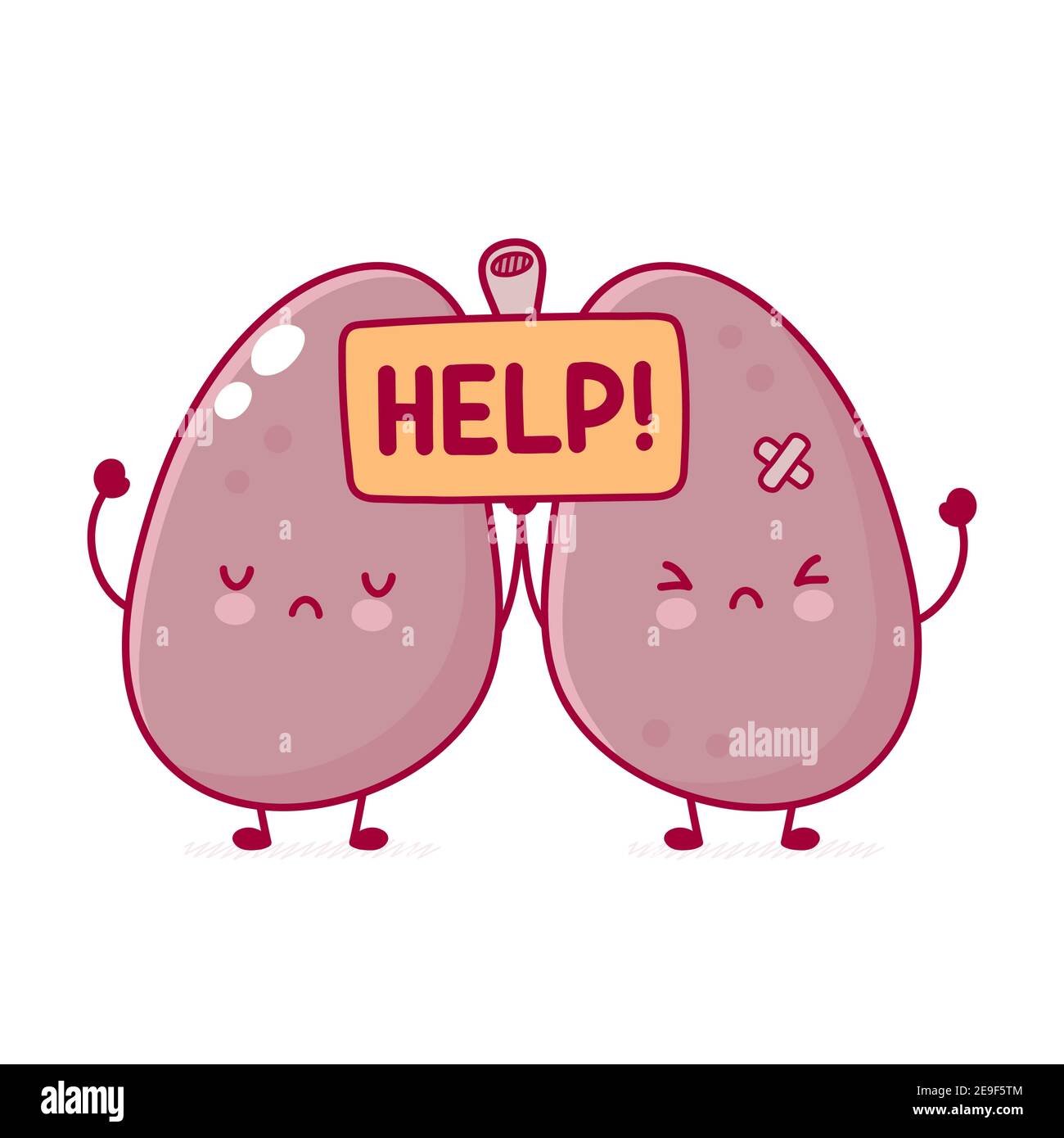 Mignon triste malade de l'organe des poumons humains caractère tenir le signe d'aide. Icône d'illustration de personnage de dessin animé kawaii à lignes planes vectorielles. Isolé sur fond blanc. Notion de caractère d'organe de poumons Illustration de Vecteur