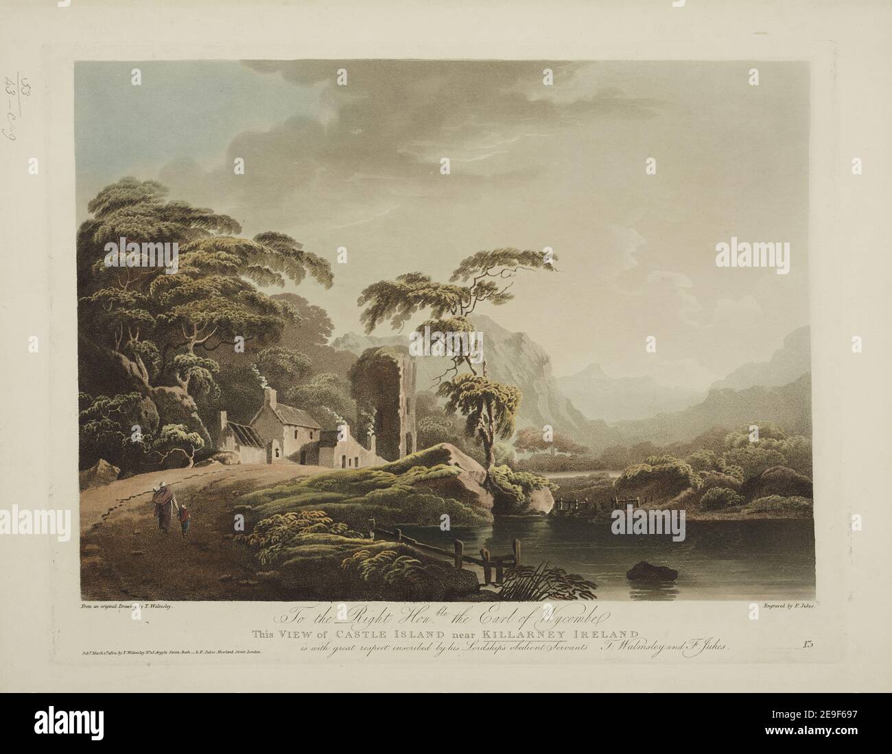 À droite Honble le comte de Wycombe cette VUE DE L'ÎLE DU CHÂTEAU près DE KILLARNEY IRLANDE auteur Jukes, Francis 53.43.c.9. Lieu de publication: [London] Éditeur: Pubd Mar 1er 1802 par T. Walmsley 15 Argyle St Bath, and F. Jukes 10 Howland St London., Date de publication: [1 mars 1802] Type d'article: 1 imprimé Moyen: Aquatint et gravure avec coloration à la main Dimensions: platemark 35.2 x 45 cm, sur feuille 40.4 x 53.5 cm. Ancien propriétaire : George III, roi de Grande-Bretagne, 1738-1820 Banque D'Images