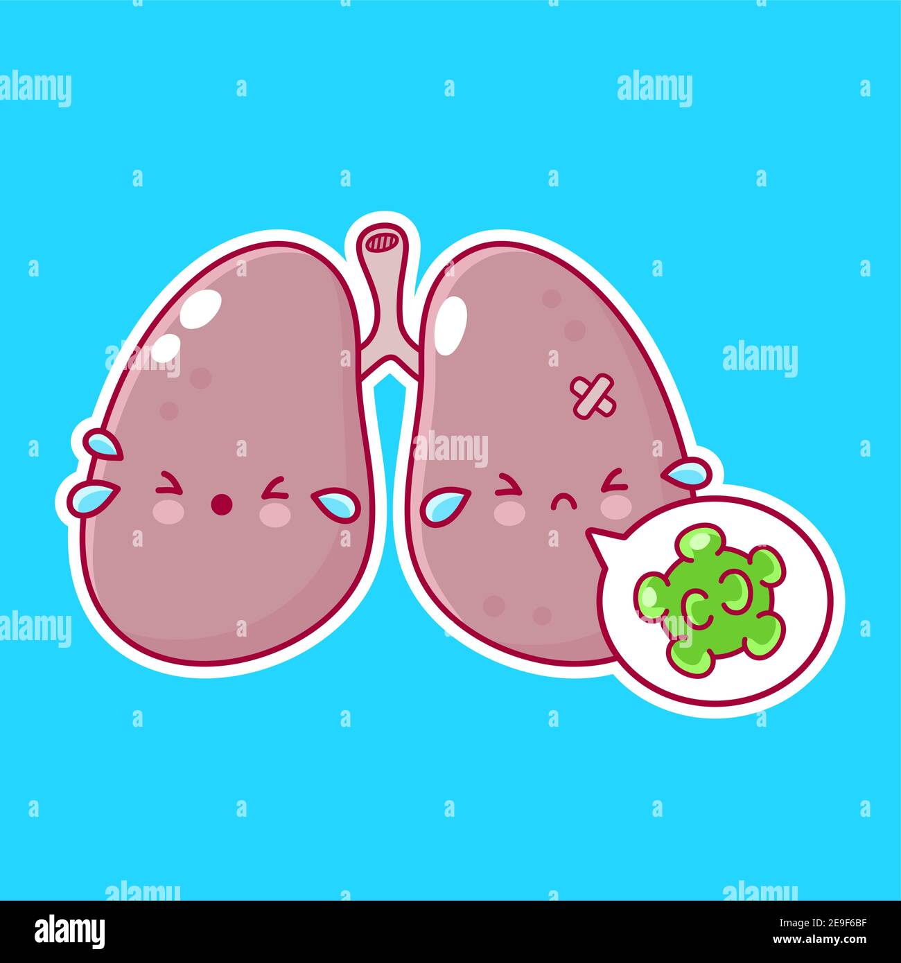 Mignon drôle d'organe de poumons humains caractère avec le virus dans la bulle de parole. Icône d'illustration de personnage de dessin animé kawaii à lignes planes vectorielles. Notion de caractère d'organe de poumons Illustration de Vecteur