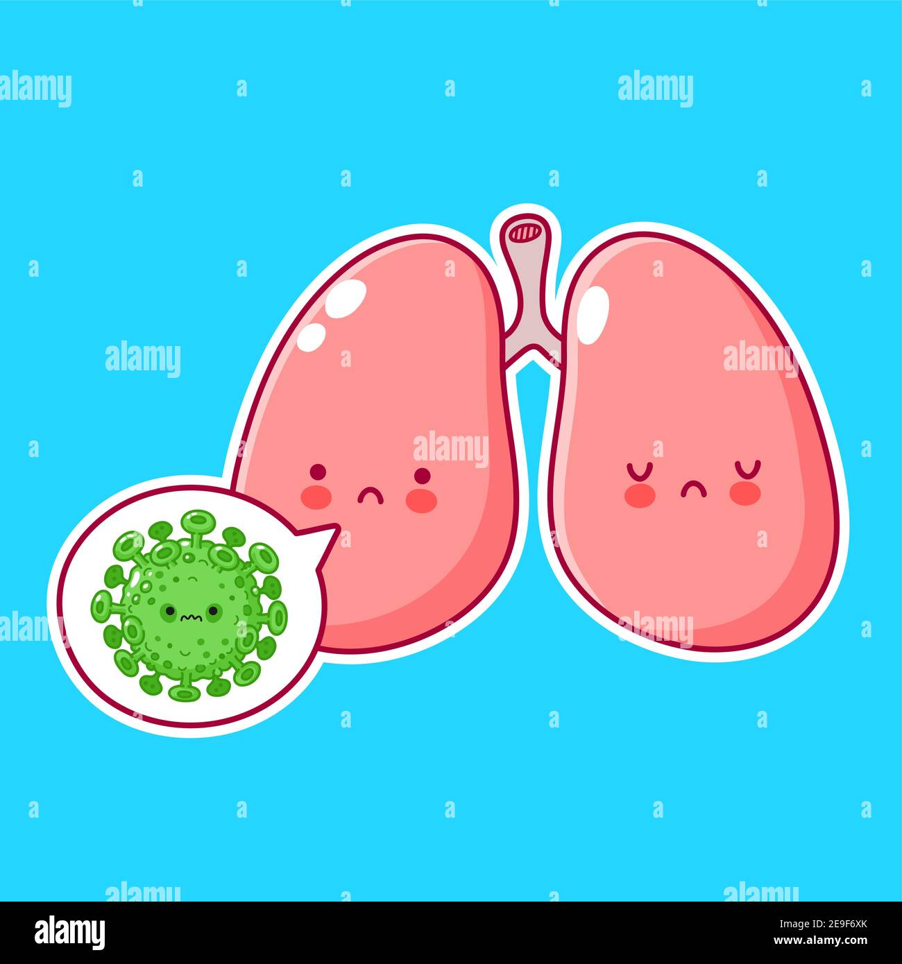 Mignon drôle d'organe de poumons humains caractère avec le virus dans la bulle de parole. Icône d'illustration de personnage de dessin animé kawaii à lignes planes vectorielles. Notion de caractère d'organe de poumons Illustration de Vecteur