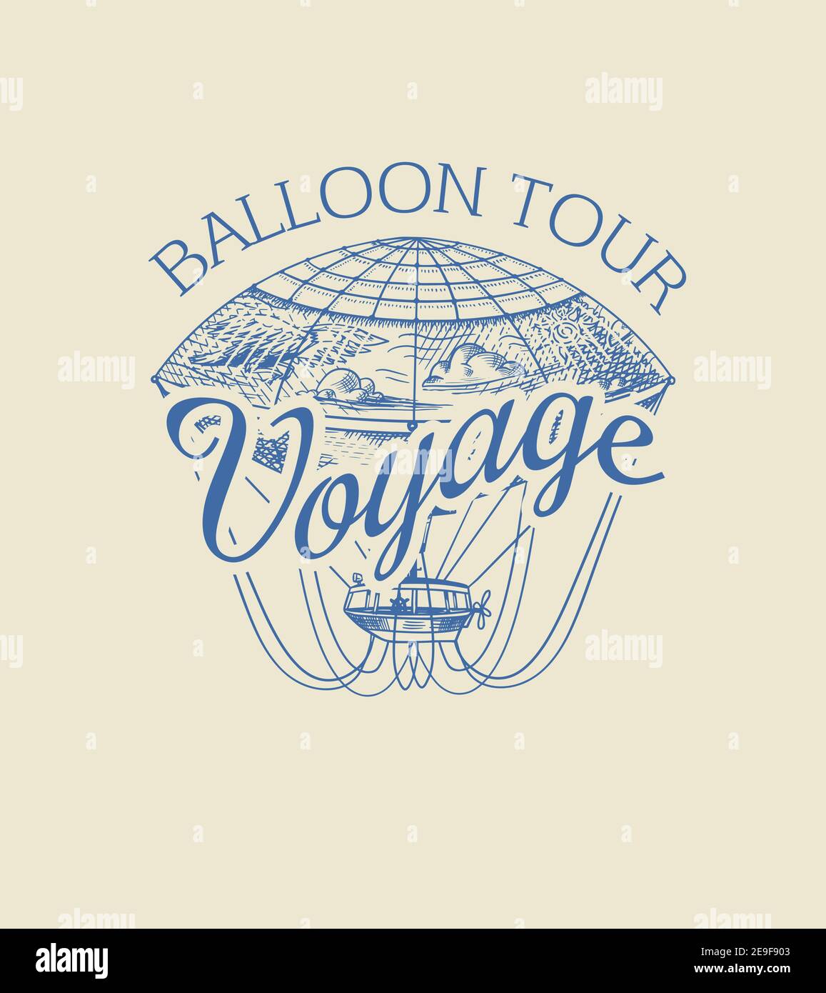 Écusson vintage Hot Air Balloon. Vaisseau aérien rétro Vector avec élément décoratif. Modèle de transport pour logo romantique. Esquisse gravée dessinée à la main Illustration de Vecteur