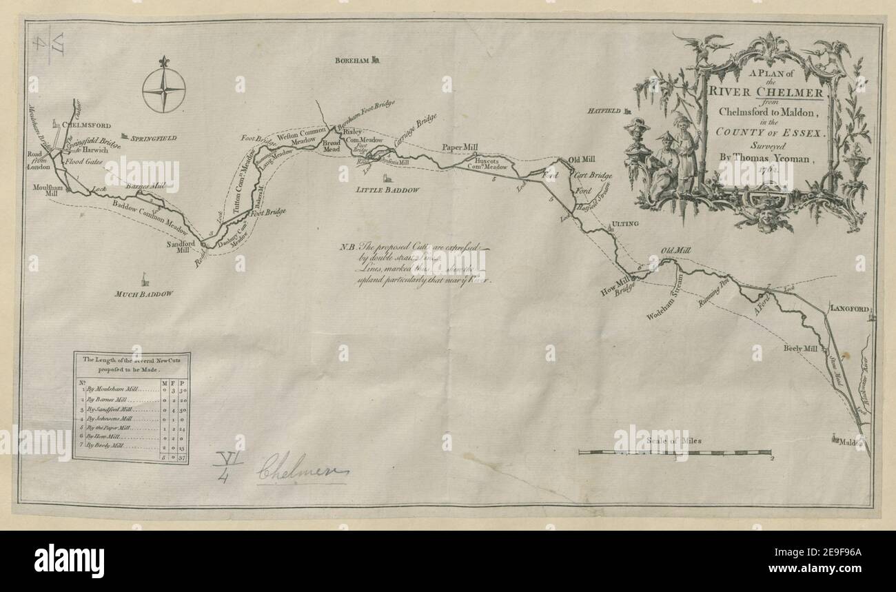 Un plan de la rivière Chelmer, auteur Yeoman, Thomas 6.4. Lieu de publication: [London?] Éditeur: [T. Yeoman]., Date de publication: [1762] Type d'article: 1 carte Moyen: Gravure en plaques Dimensions: 21.5 x 38.3 cm ancien propriétaire: George III, Roi de Grande-Bretagne, 1738-1820 Banque D'Images