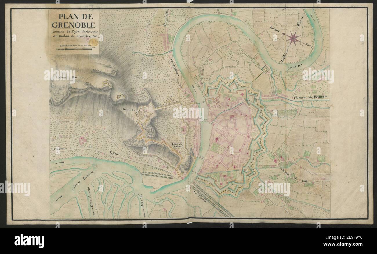 PLAN DE GRENOBLE information sur la carte: Titre: PLAN DE GRENOBLE 61.19.1. Date de publication : 1692. Type d'article: 1 carte Moyen: Encre et lavage Dimensions: 45 x 76.3 cm ancien propriétaire: George III, Roi de Grande-Bretagne, 1738-1820 Banque D'Images