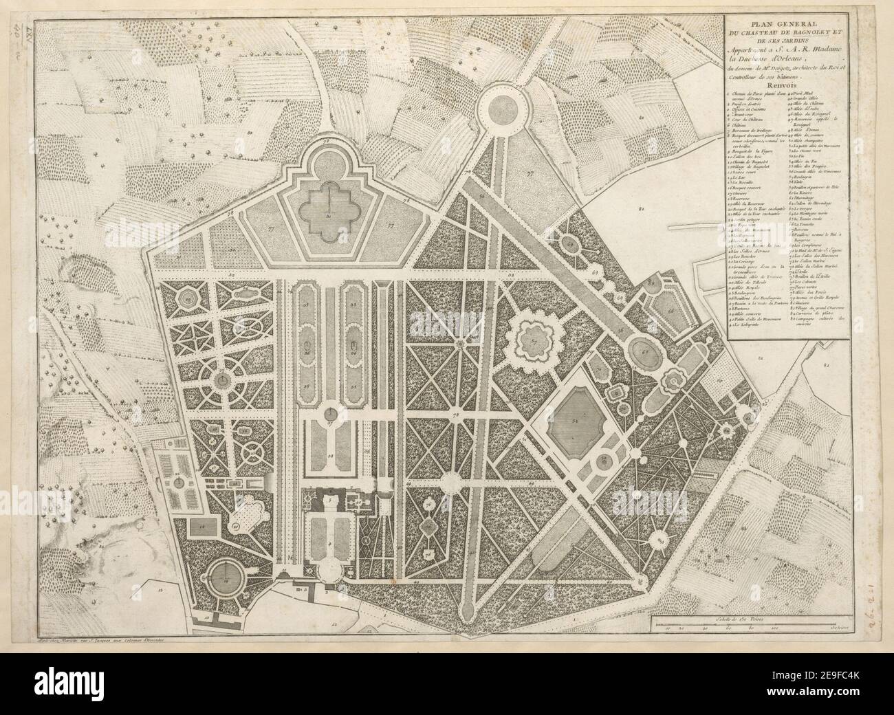 PLAN GÉNÉRAL DU CHASTEAU DE BAGNOLET ET DE SES JARDINS INFORMATION VISUELLE: TITRE: PLAN GÉNÉRAL DU CHASTEAU DE BAGNOLET ET DE SES JARDINS 65.40.A. Lieu de publication: AParis Editeur: chez Mariette rue S. Iaces aux colonnes d'Hercules, Date de publication: [Entre 1719 et 1742] Type d'article: 1 imprimé Moyen: Gravure Dimensions: Feuille 42.5 x 58 cm (taillé) ancien propriétaire: George III, Roi de Grande-Bretagne, 1738-1820 Banque D'Images