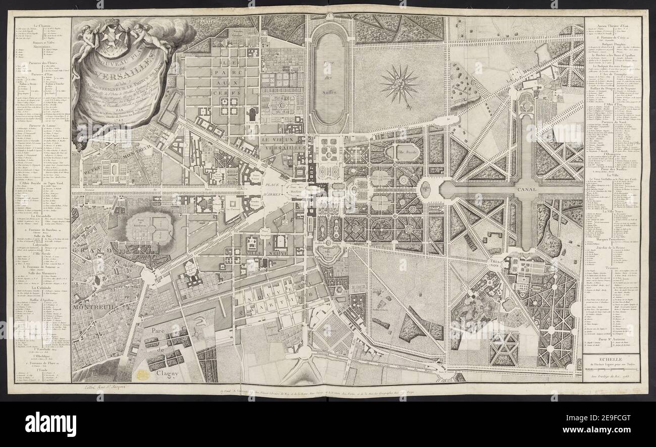 NOUVEAU PLAN DE VERSAILLES auteur Contant de la Motte 66.24.c. Lieu de publication: [Versailles et Paris] Editeur: Se Vend A VERSAILLES chez Blaizot libraire du Roy et de la Reine, rue Satory, et A PARIS chez Fortin et de la Marche Géographies rue de la Harpe. Avec Privilège du Roy, Date de publication : 1783. Type d'article: 1 carte Moyen: Gravure de copperplate Dimensions: 56 x 97 cm ancien propriétaire: George III, Roi de Grande-Bretagne, 1738-1820 Banque D'Images