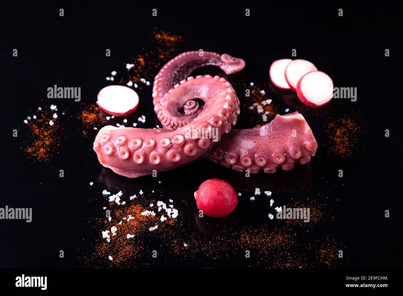 tentacules de pieuvre ragoût sur fond sombre. Banque D'Images