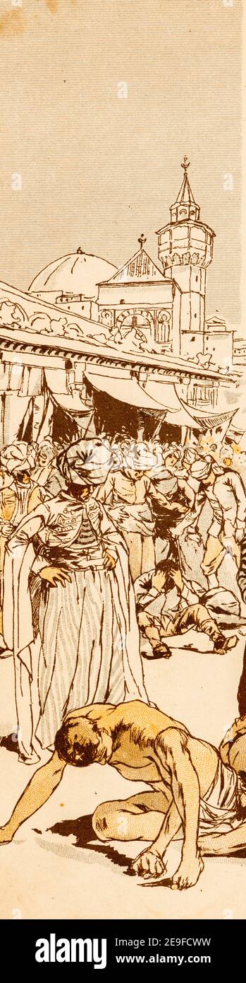 Robinson est pris en esclavage au marché des esclaves à Marocco, cRobinson Crusoe, adopté par J. Lohmeyer, aquarelles par Carl Marr, Leipzig vers 1890 Banque D'Images