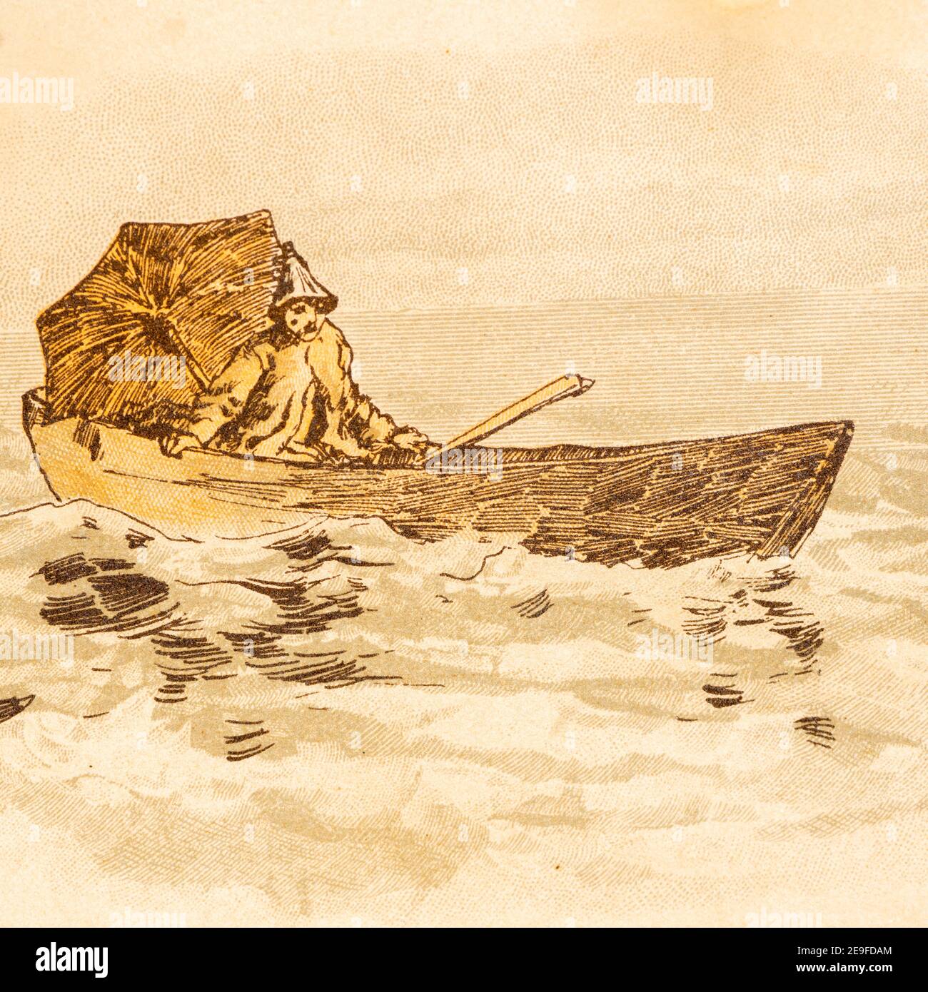 Robinson quitte son île par bateau et des vents d'est le ramenant, Robinson Crusoe, adopté par J. Lohmeyer, aquarelles par Carl Marr, Leipzig 1890 Banque D'Images