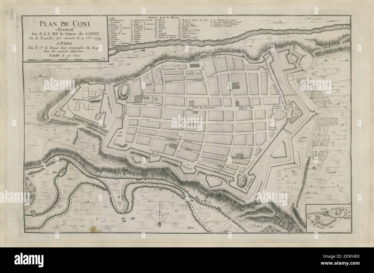 PLAN DE CONI ASSIEGEÃÅ PAR S.A.S. Le PRINCE DE CONTI ou la tranche a été versée le 12 de 7bre 1744. Auteur le Rouge, Georges-Louis 76.43. Lieu de publication: A PARIS Editeur: Chez le Sr. Le Rouge Ingr. Géographe du Roy. Rue des grands Augustins. Date de publication : [1744-] ancien propriétaire : George III, roi de Grande-Bretagne, 1738-1820 Banque D'Images