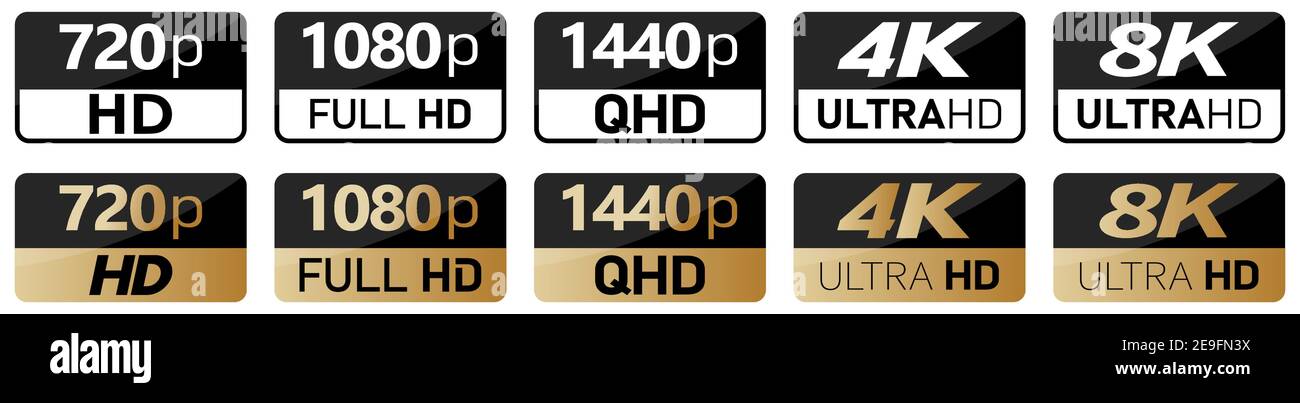 Icônes de résolution d'écran ou vidéo noir, blanc et doré. Réglez de 720p à 8k Illustration de Vecteur