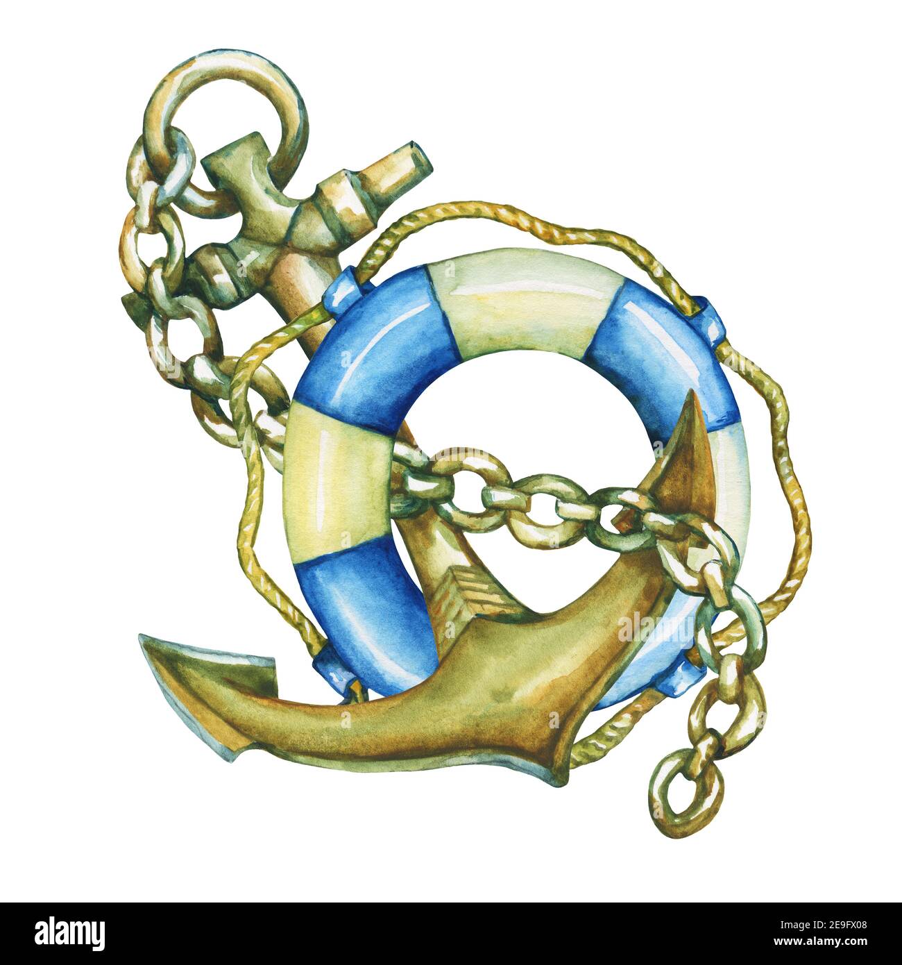 Composition avec bouée de sauvetage et ancrage. Aquarelle dessinée à la main sur fond blanc. Banque D'Images