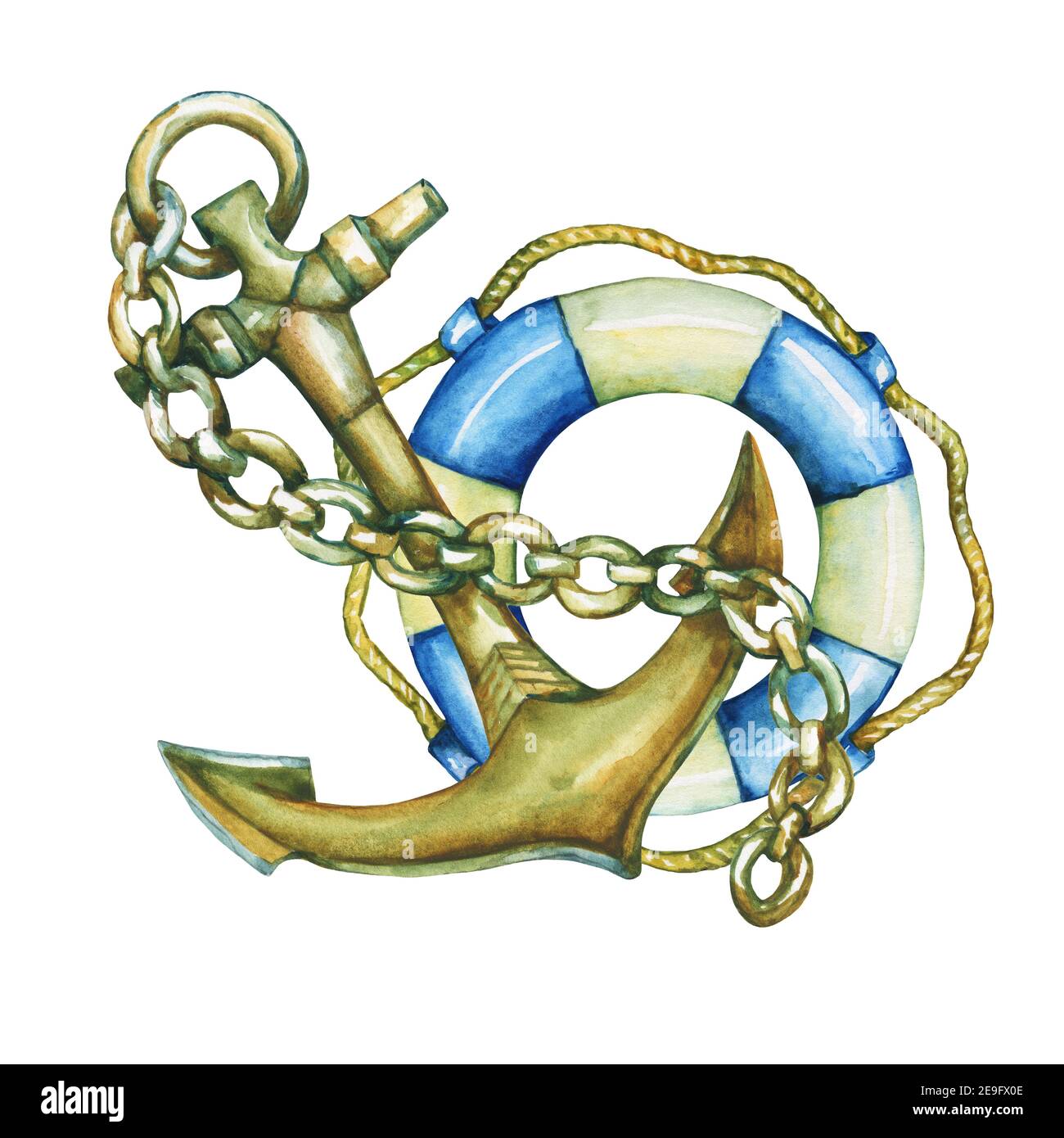 Composition avec bouée de sauvetage et ancrage. Aquarelle dessinée à la main sur fond blanc. Banque D'Images