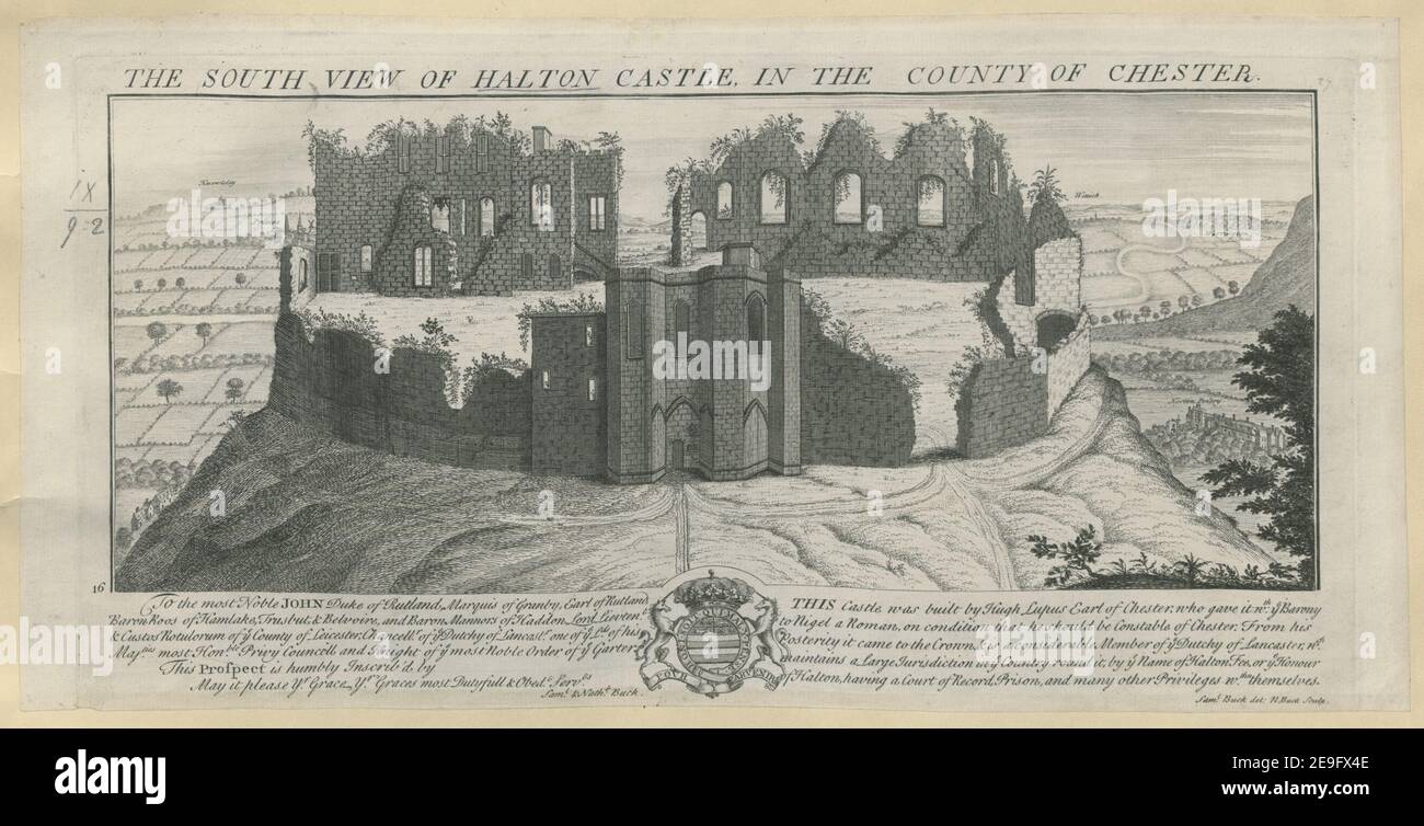 Vue sud du château de Halton dans le comté de Chester. Auteur Buck, Samuel 9.9.2. Lieu de publication: [London] Éditeur: [S , N Buck] Date de publication: [1727 c.] Type d'article: 1 imprimé milieu: Gravure et gravure Dimensions: Platemark 18.7 x 36.6 cm. Ancien propriétaire : George III, roi de Grande-Bretagne, 1738-1820 Banque D'Images