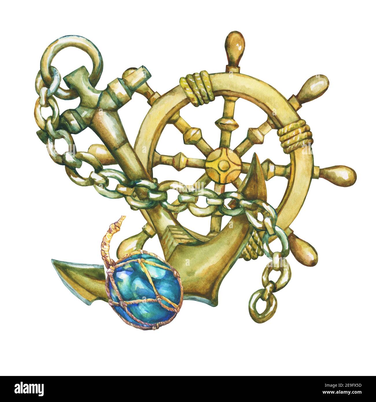 Composition avec volant et ancrage. Aquarelle dessinée à la main sur fond blanc. Banque D'Images