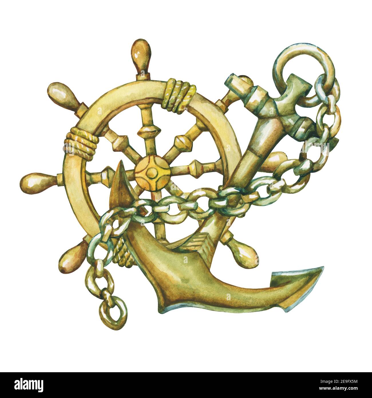 Composition avec volant et ancrage. Aquarelle dessinée à la main sur fond blanc. Banque D'Images