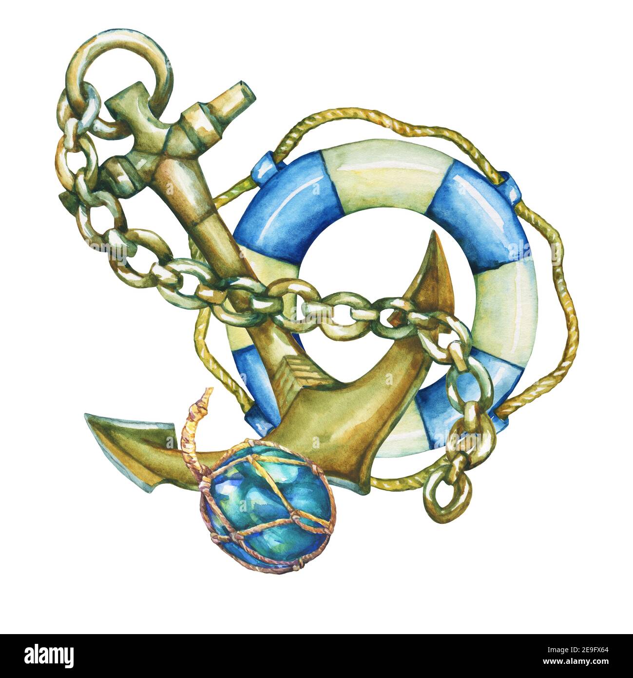 Composition avec bouée de sauvetage et ancrage. Aquarelle dessinée à la main sur fond blanc. Banque D'Images