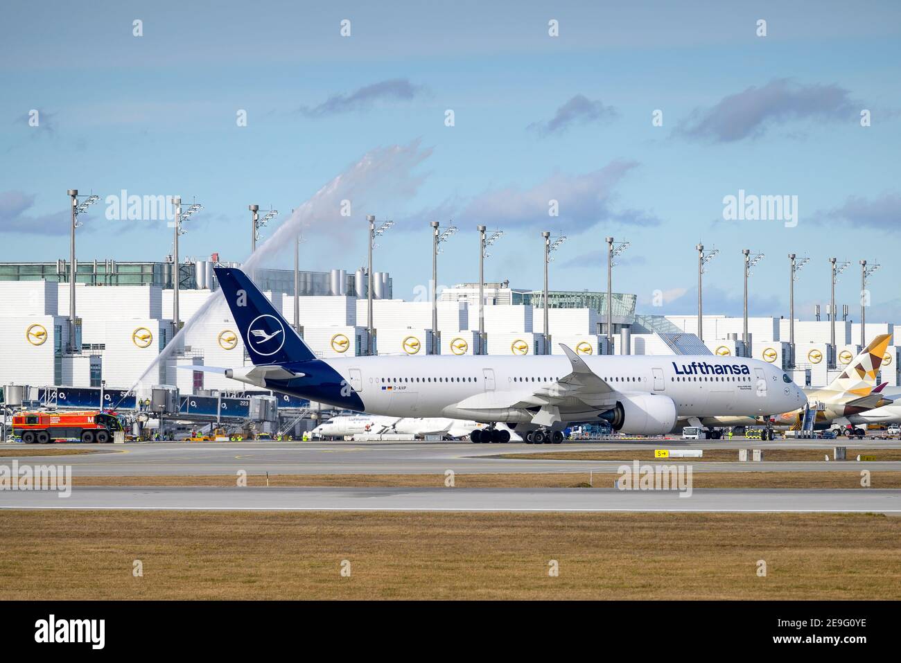 Munich, Allemagne - février 04. 2021 : vol spécial de Lufthansa LH2575 depuis Mount Pleasant sur les terres MPN des îles Falkland à l'aéroport de Munich MUC Banque D'Images