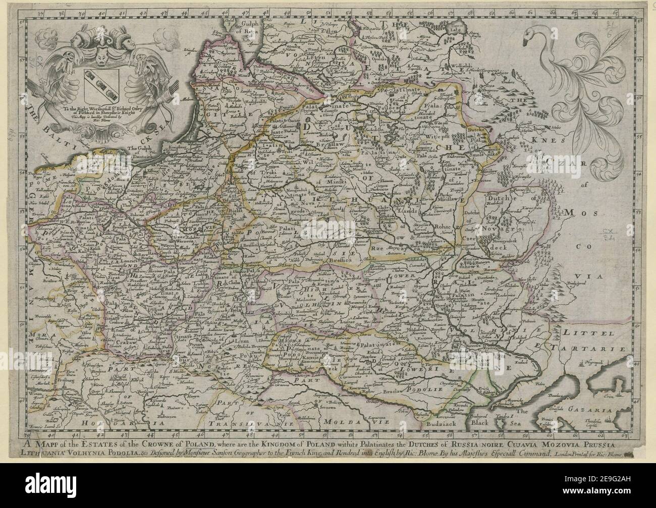 Un MAPP des DOMAINES du CROWNE de POLOGNE, où sont le ROYAUME de POLOGNE avec ses Palatinates les DUTCHES de RUSSIE NOIRE CUJAVIA MAZOVIA PRUSSE LITUANIE VOLHYNIA PODOLIA. &c. Auteur Blome, Richard 110.34. Lieu de publication: London Éditeur: Imprimé pour Ric: Blome, Date de publication: 1669. Type d'article: 1 carte Moyen: Couleur main Dimensions: 26 x 39 cm ancien propriétaire: George III, Roi de Grande-Bretagne, 1738-1820 Banque D'Images