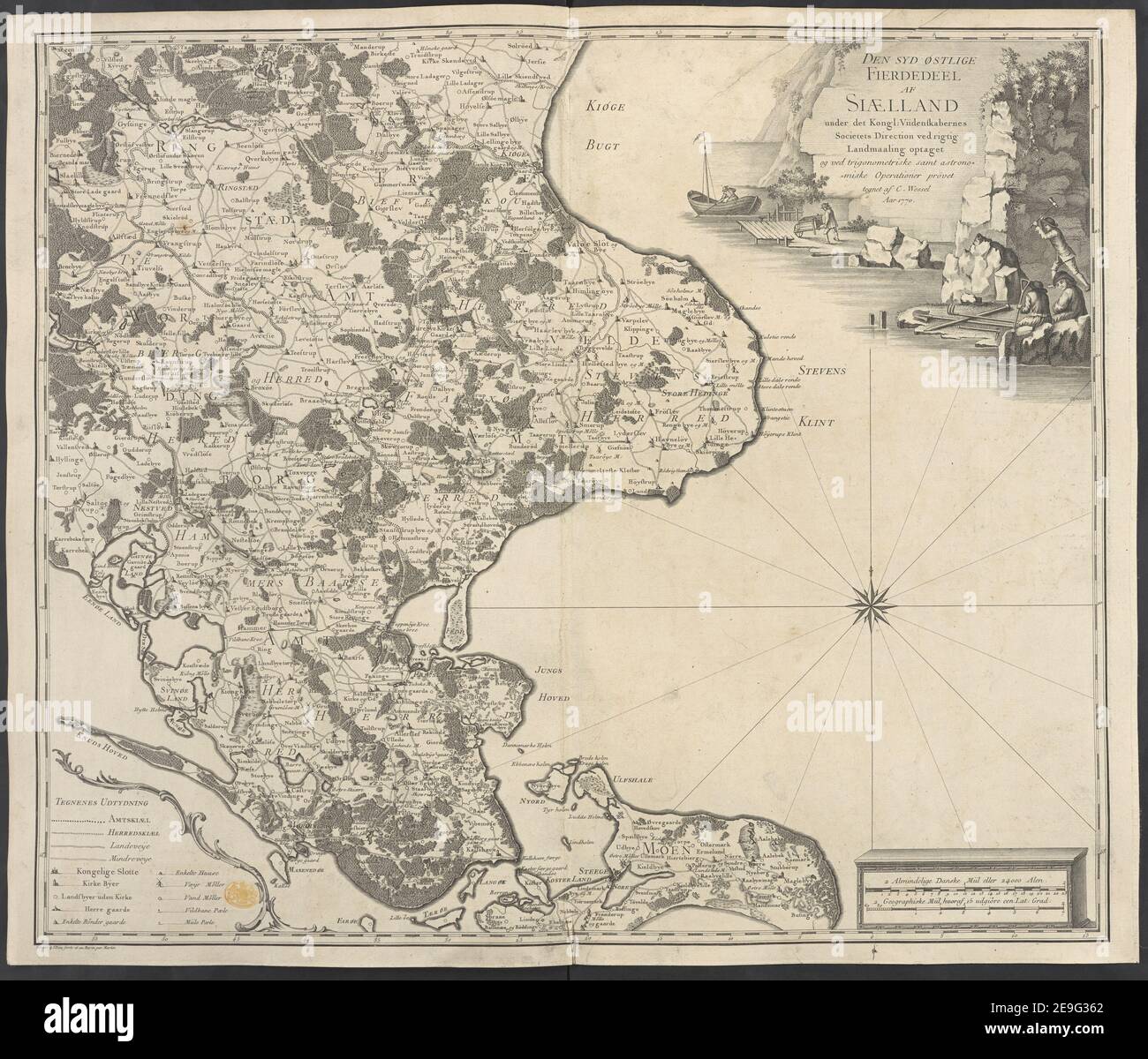 Den Syd Ostlige Fierdeel AF Siaelland under det Kongl: Viidenskabernes Societets Direction ved rigtig Landmaaling optaget, og ved trigonometriske samt proviske Operationer astronomet. Auteur Wessel, Caspar 111.45.c. Lieu de publication: [Copenhague?] Éditeur: [O.C. Wessel?] Date de publication: [1766] Type d'article: 1 map Moyen: Gravure de plaques de cuivre Dimensions: 57.8 x 66.5 cm, sur feuille 59.0 x 70.2 cm ancien propriétaire: George III, Roi de Grande-Bretagne, 1738-1820 Banque D'Images