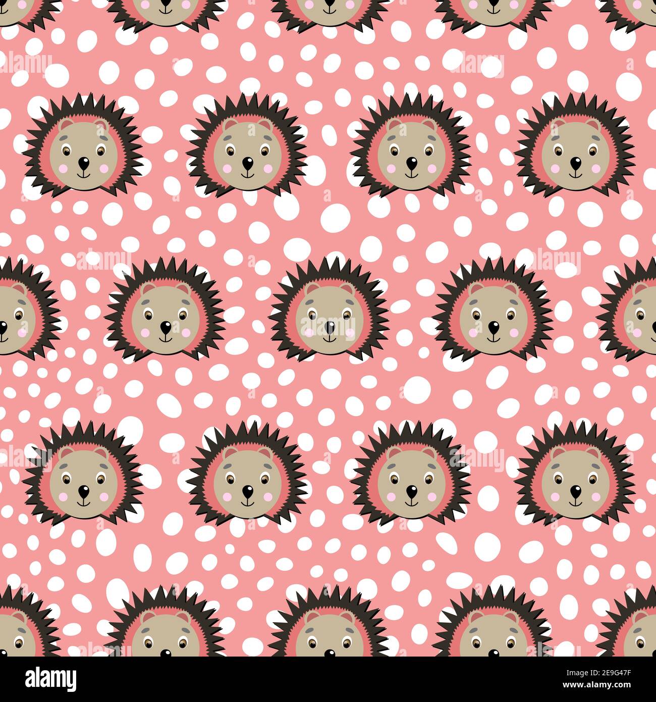 Illustration colorée des animaux plats vectoriels pour les enfants. Motif sans couture avec joli motif hérisson sur fond de pois roses. Adorable personnage de dessin animé Illustration de Vecteur
