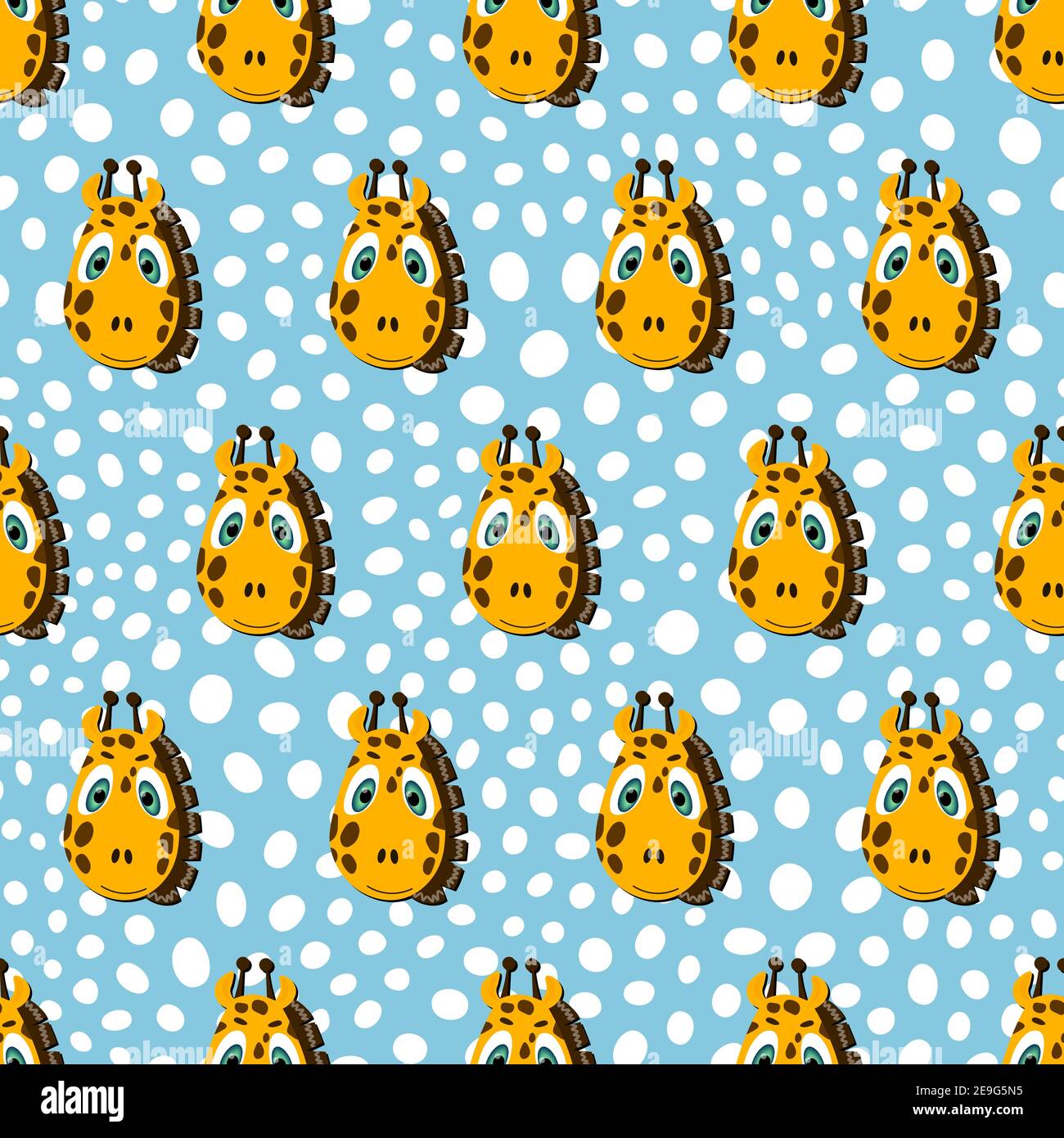 Illustration colorée des animaux plats vectoriels pour les enfants. Motif sans couture avec joli visage girafe sur fond de pois bleus. Adorable personnage de dessin animé Illustration de Vecteur