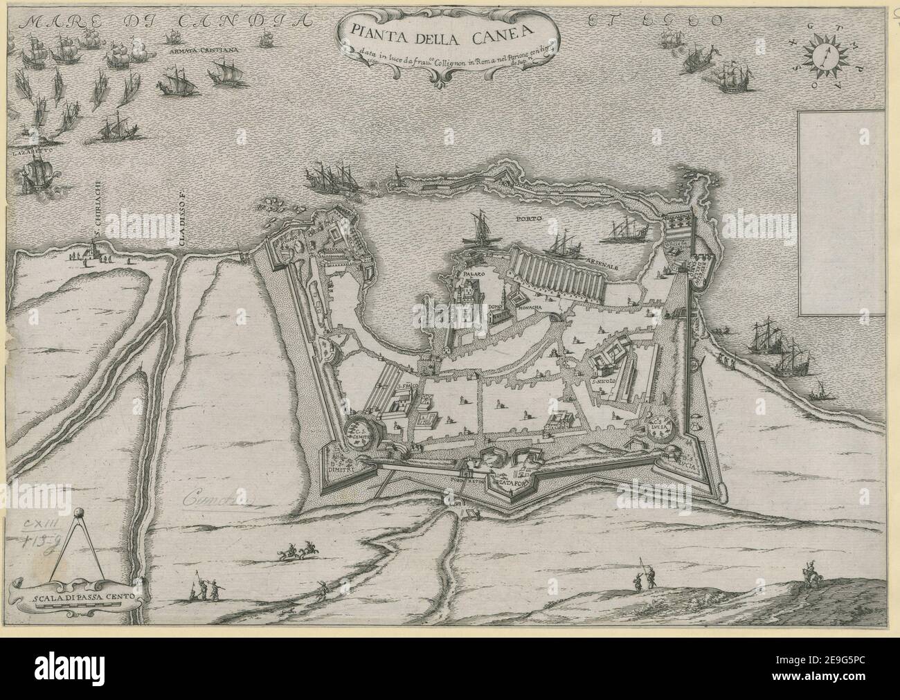 PIANTA DELLA CANEA auteur Collignon, FranÃßois 113.113.g. Lieu de publication: [Rome] Éditeur: Data in luca da fran.co Collignon in Roma nel Parione con licenza de Supri 1669, Date de publication: 1669. Type d'article: 1 carte Moyen: Gravure de copperplate Dimensions: 31 x 44 cm ancien propriétaire: George III, Roi de Grande-Bretagne, 1738-1820 Banque D'Images