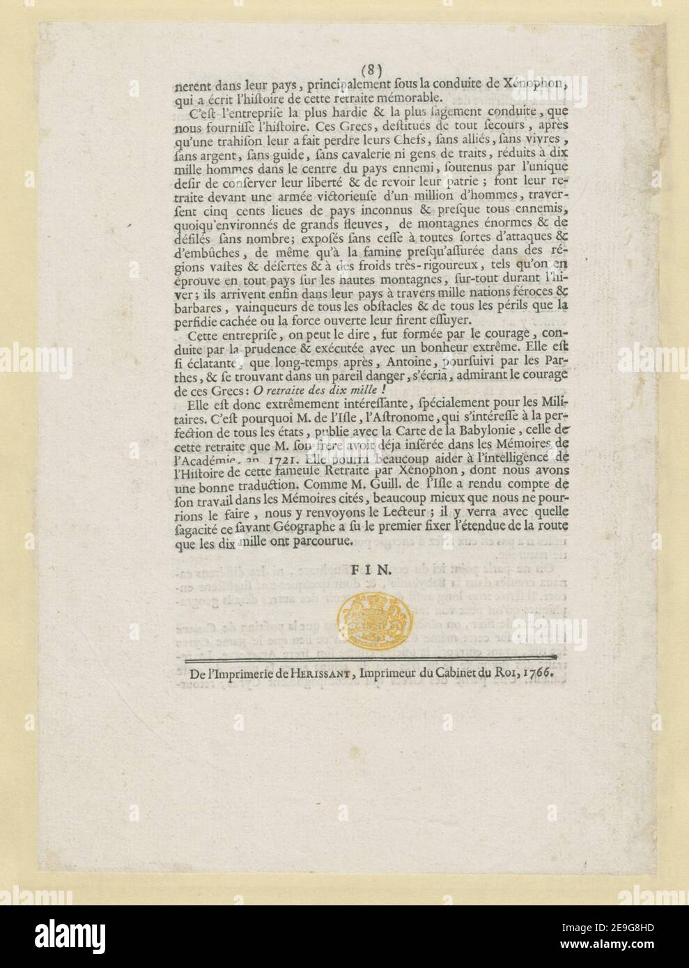 AVERTISSEMENT SUR LA CARTE DE LA BABYLONIE de seu M. GUILLAUME DE l'ISLE. De l'Académie Royale des Sciences, premier GeÃÅographe du Roi auteur bonne, Rigobert 114.72.b. Lieu de publication: [Paris] Editeur: De l'imprimerie de HERISSANT, imprimerie du Caninet du Roi, Date de publication: 1766. Type d'article: 8 pages Moyen: Texte typographique Dimensions: 25 cm ancien propriétaire: George III, Roi de Grande-Bretagne, 1738-1820 Banque D'Images