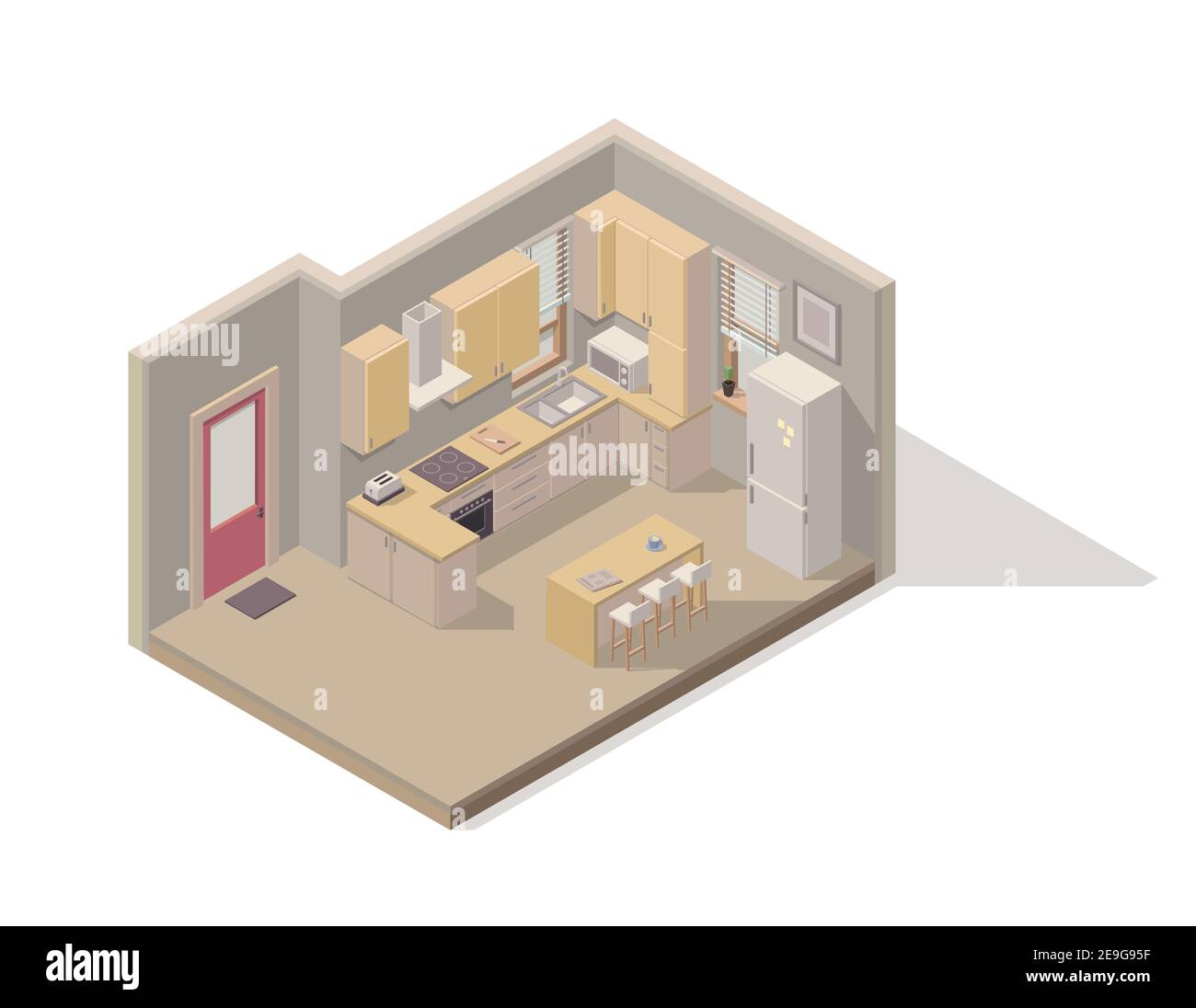 Elément isométrique vectoriel représentant la cuisine/salle à manger/. La chambre comprend des armoires de cuisine, un réfrigérateur, une cuisinière, un four, une table à manger, des tabourets et d'autres Illustration de Vecteur