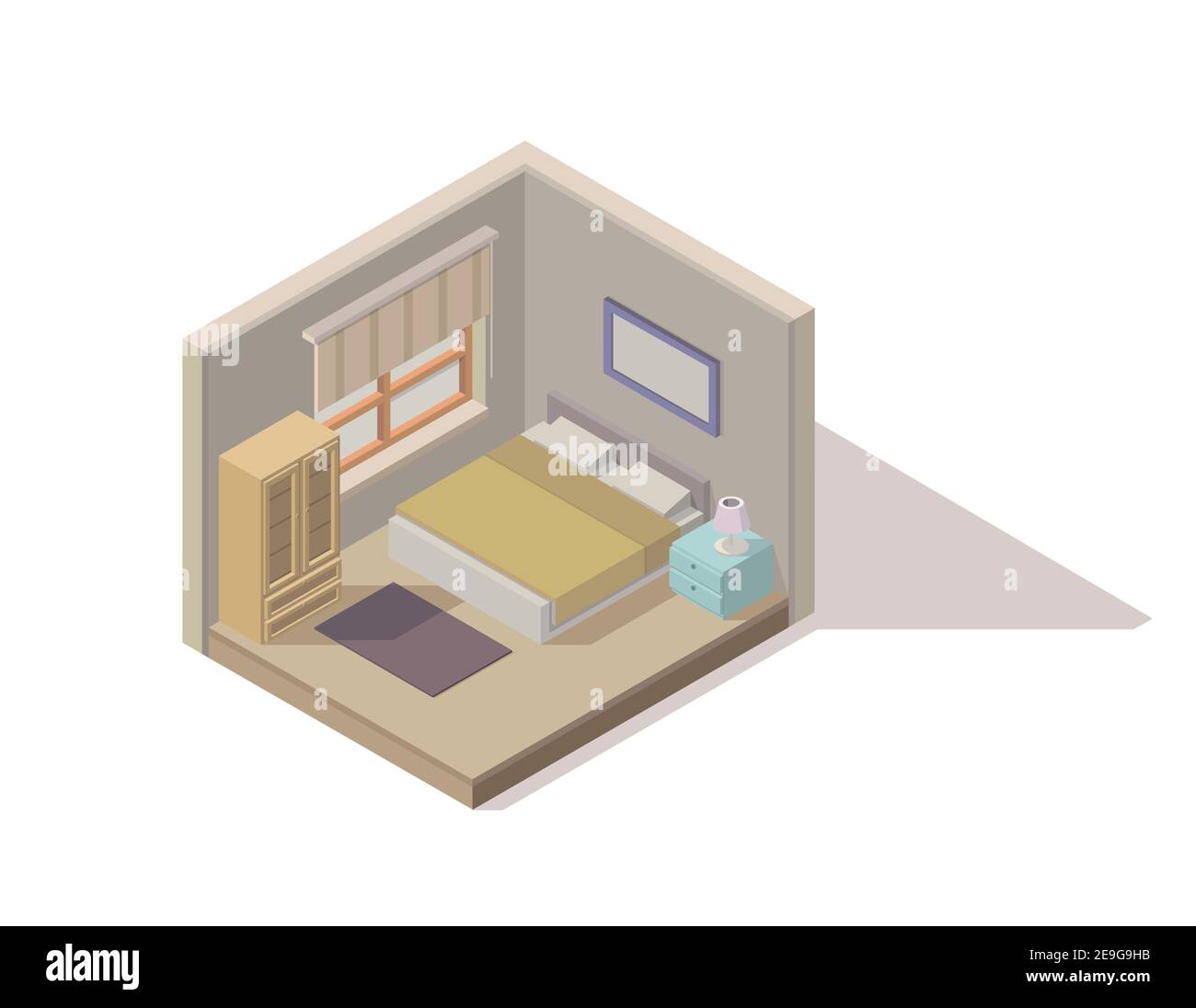 Icône en forme de coupe de chambre à coucher en polyéthylène basse vectorielle, fabriquée dans des couleurs discrètes. La chambre comprend des éléments tels que lit, armoire, table de nuit, fenêtre et moquette. Illustration de Vecteur