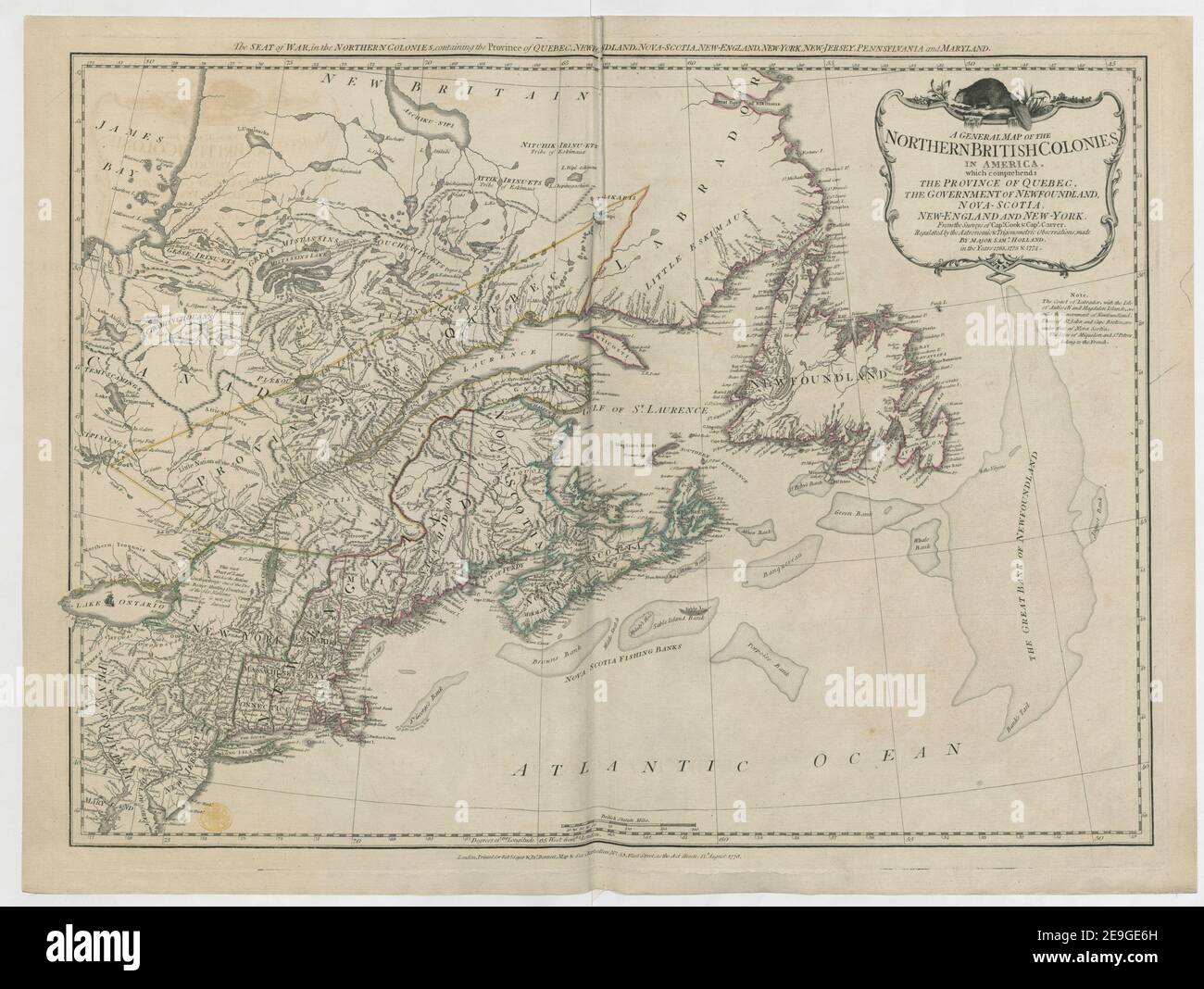 UNE CARTE GÉNÉRALE DES COLONIES BRITANNIQUES DU NORD EN AMÉRIQUE, QUI COMPREND LA PROVINCE DE QUÉBEC, LE GOUVERNEMENT DE TERRE-NEUVE, DE LA NOUVELLE-ÉCOSSE, DE LA NOUVELLE-ANGLETERRE ET DE NEW YORK. Auteur Robert Sayer et John Bennett (cabinet) 118.53. Lieu de publication: London Publisher: Imprimé pour Rob.t Sayer , Jn.o Bennett, carte , Sea Chartsellers, n° 53, Fleet Street, tel que l'indique la Loi, Date de publication: 14.e août 1776. Type d'article: 1 carte Moyen: Gravure en copperplate, couleur originale de la main en contour Dimensions: 49 x 66 cm ancien propriétaire: George III, roi de la Grande BRITA Banque D'Images