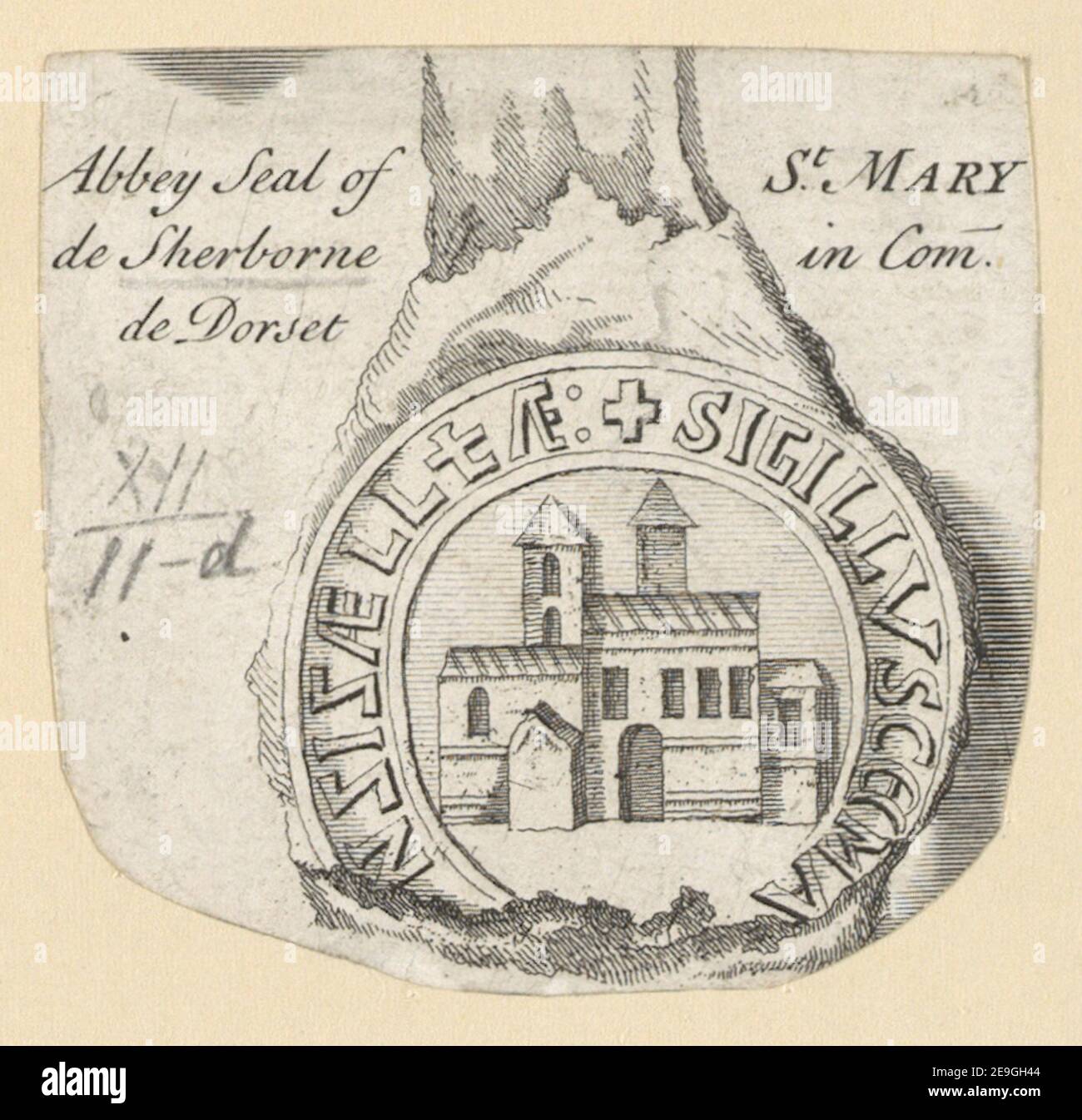 Le sceau de l'abbaye de ST. MARY de Sherborne dans le Come de Dorset. Informations visuelles : titre : le sceau de l'abbaye de ST. MARY de Sherborne dans le Come de Dorset. 12.11.d. Lieu de publication: [Angleterre] Éditeur: [Éditeur non identifié] Date de publication: [Vers 1740-1780] Type d'article: 1 imprimé Moyen: Gravure Dimensions: Feuille 6.5 x 7 cm. Ancien propriétaire : George III, roi de Grande-Bretagne, 1738-1820 Banque D'Images