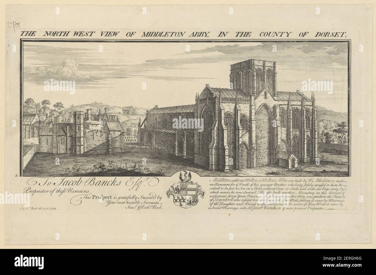 VUE DU NORD-OUEST DE MIDDLETON ABBY, DANS LE COMTÉ DE DORSET. Auteur Buck, Samuel 12.21. Lieu de publication: [Angleterre] Éditeur: [Samuel et Nathaniel Buck] Date de publication: [1733] Type d'article: 1 imprimé milieu: Gravure et gravure Dimensions: Platemark 19.5 x 37.3 cm, sur feuille 25.4 x 39 cm. Ancien propriétaire : George III, roi de Grande-Bretagne, 1738-1820 Banque D'Images