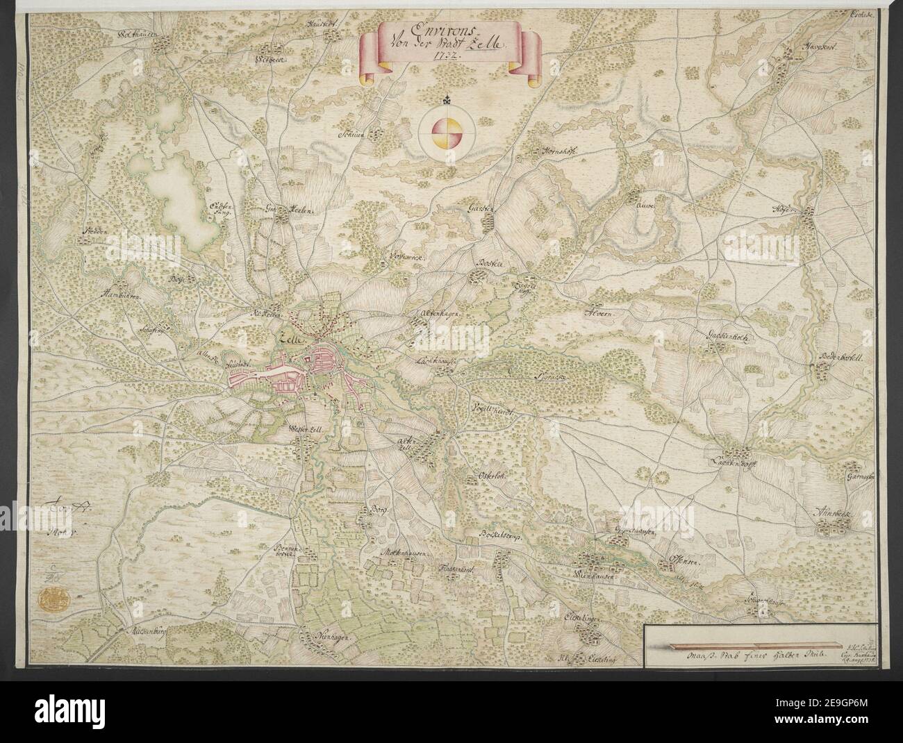 Environs Von der Stadt Zelle. 1732. Auteur Schilling, J. F. C. 100.25. Lieu de publication: [Buxtehude] Éditeur: J. F. C. Schilling COP: Buxtehude, Date de publication: 4 août 1738. Type d'item: 1 map Medium: Manuscrit stylo et encre avec aquarelle Dimensions: 44 x 56 cm ancien propriétaire: George III, Roi de Grande-Bretagne, 1738-1820 Banque D'Images