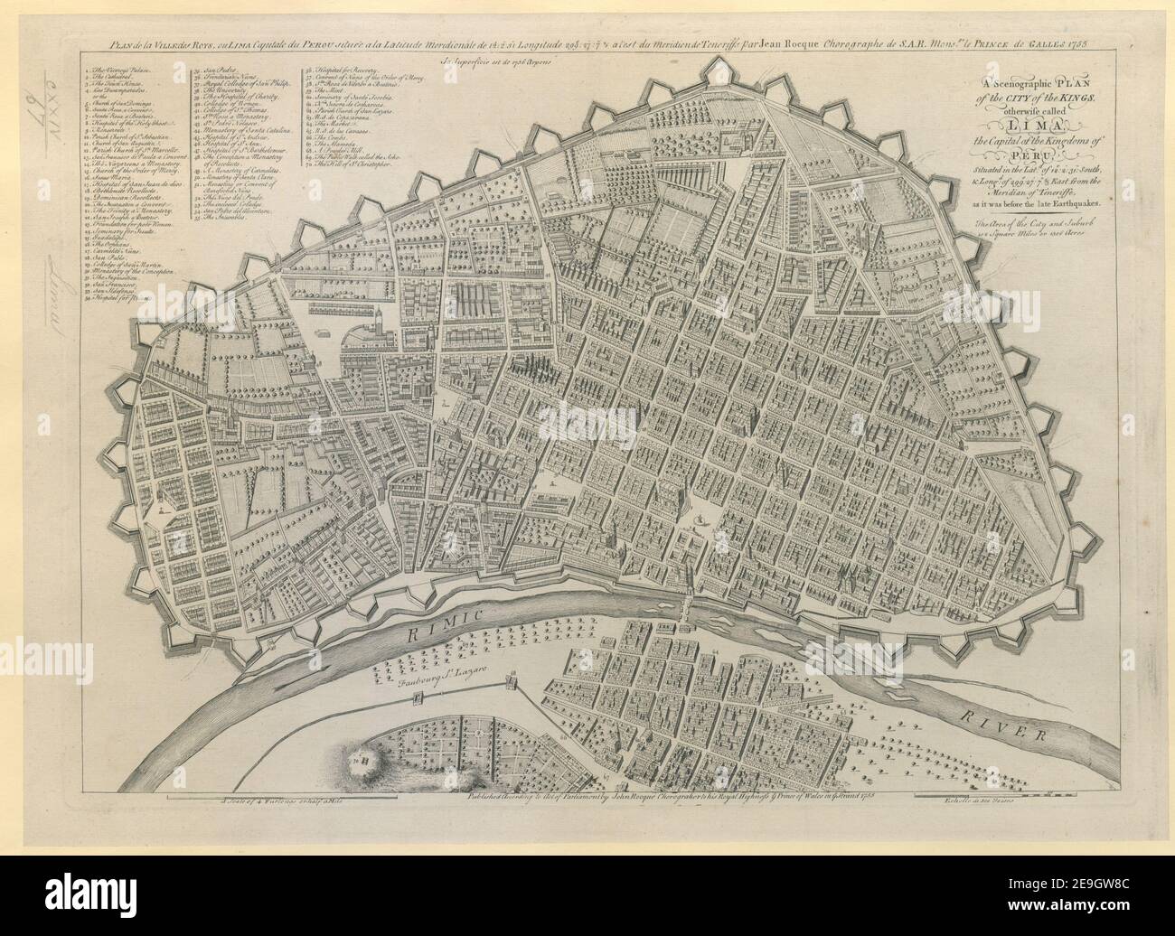 Plan scénographique de la VILLE des ROIS, autrement appelé LIMA = PLAN de la VILLE des ROYS, ou LIMA capitale du PEROU situeÃÅe a la Latitude Meridionale de 12€∞: 2': 31''' Longitude de 299€∞: 27': 7'''' 2/3 a l'est auteur Rocque, John 124.67. Lieu de publication: [Londres] Éditeur: Publié selon l'Acte du Parlement par John Rocque Chorographe à son Altesse Royale le Prince de Galles à YE Strand, Date de publication: 1755. Type d'article: 1 imprimé Moyen: Gravure Dimensions: Platemark 38.1 x 53.9 cm, sur feuille 41.2 x 57.5 cm ancien propriétaire: George III, K Banque D'Images