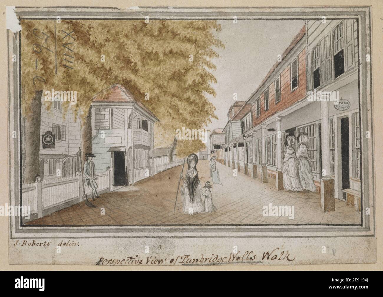 Vue en perspective de Tunbridge Wells Walk. Auteur Roberts, James 18.56.e. Date de publication: [Vers 1750-1770] Type d'article: 1 dessin Moyen: Stylo et encre noire aquarelle Dimensions: Feuille 9.8 x 13.8 cm ancien propriétaire: George III, Roi de Grande-Bretagne, 1738-1820 Banque D'Images