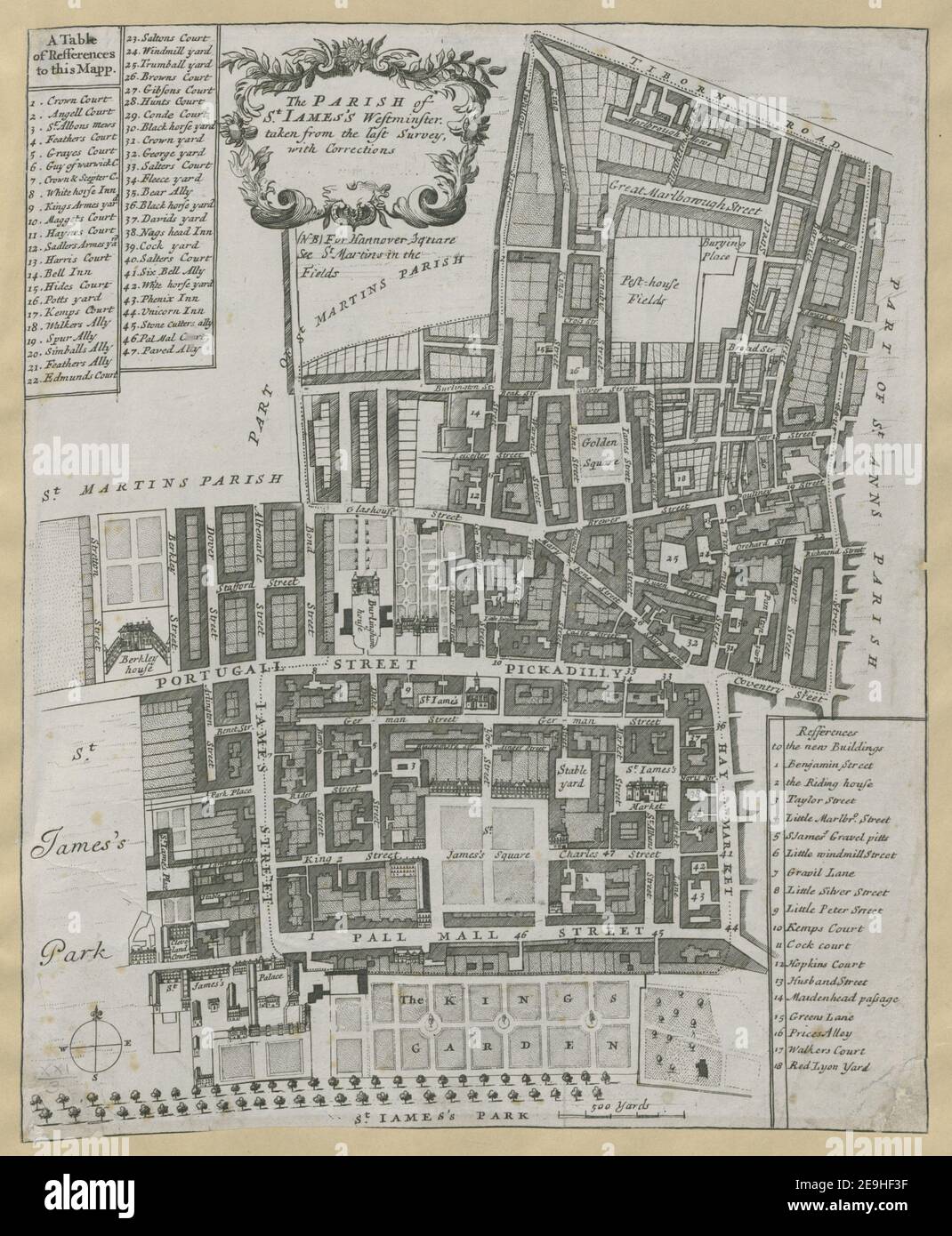 La PAROISSE de ST. JAMES Westminster, tiré de la dernière enquête, avec corrections. Auteur Blome, Richard 21.3. Lieu de publication: [London] Éditeur: [A. Churchill, J. Knapton, R. Knaplock, J. Walthoe, E. Horne, B. Tooke, D. Midwinter, B. Cowse, R. Robinson et T. Ward] Date de publication: [1720] Type d'article: 1 carte Moyen: Gravure en plaques Dimensions: 35.8 x 29.5 cm ancien propriétaire: George III, Roi de Grande-Bretagne, 1738-1820 Banque D'Images
